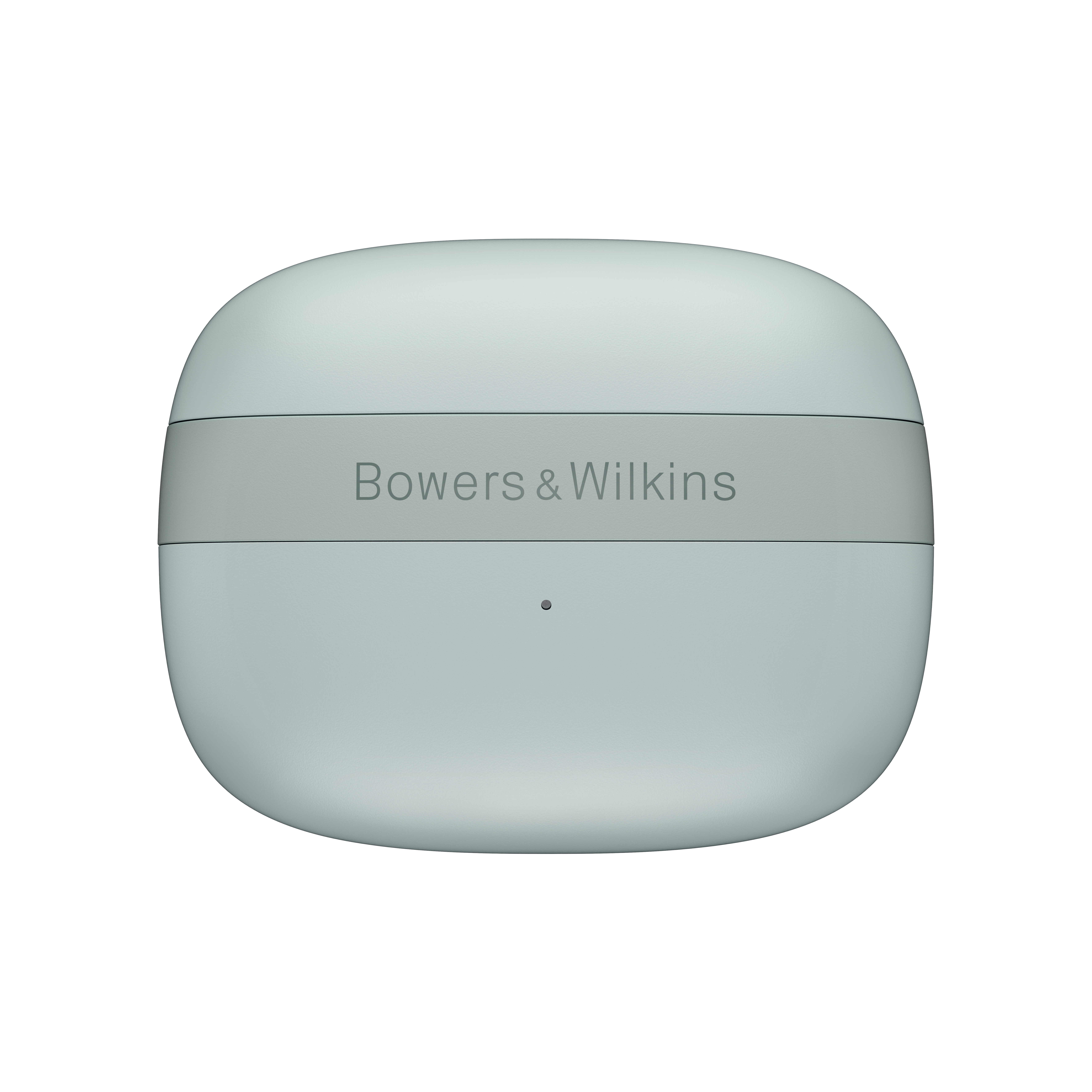 Ein hellblaues, ovales Gehäuse mit einem grauen Band mit der Aufschrift Bowers & Wilkins. Ein kleiner Punkt befindet sich unter dem Band.