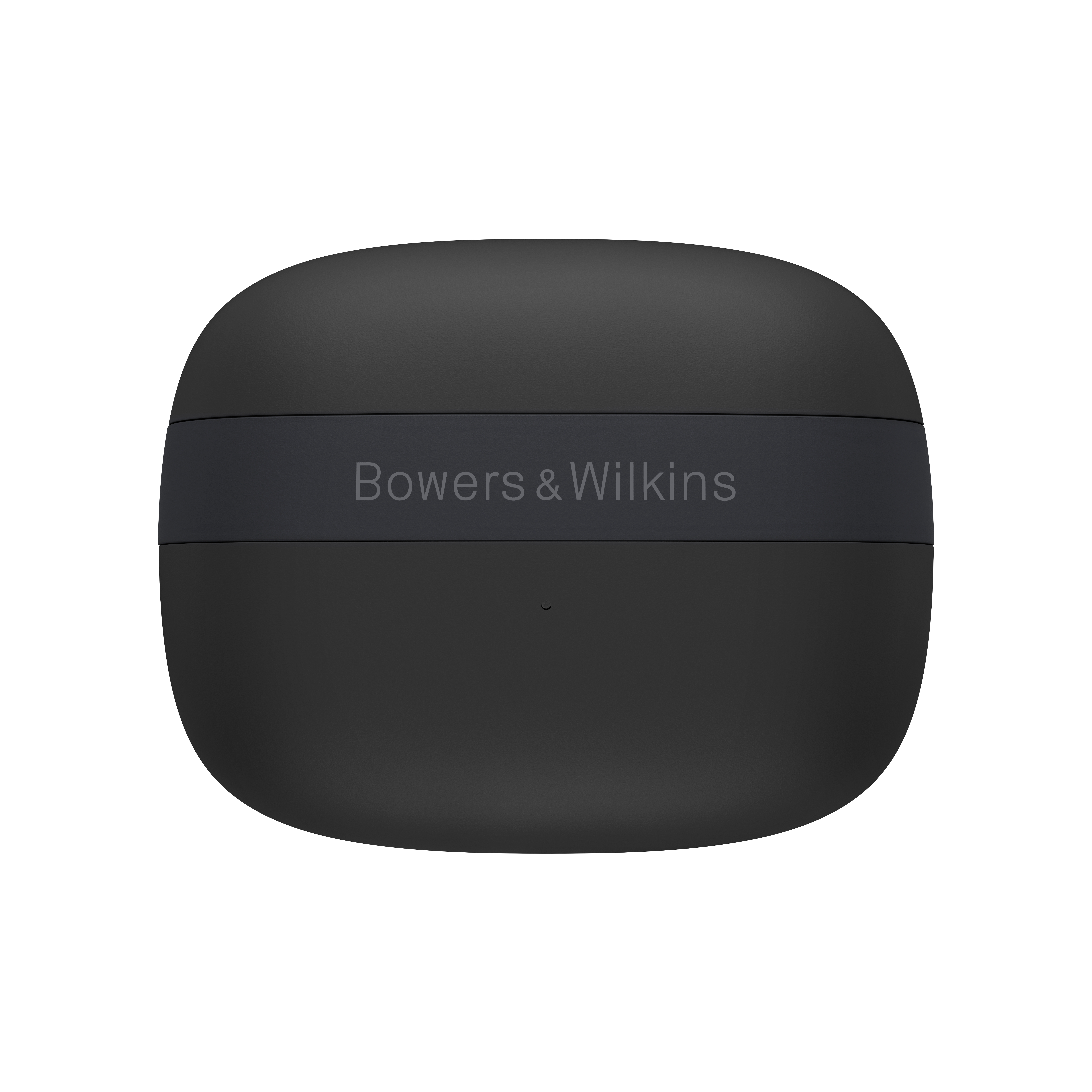Schwarzes, abgerundetes Gehäuse mit einem dunklen Band und dem Logo 'Bowers & Wilkins'. Weißer Hintergrund.