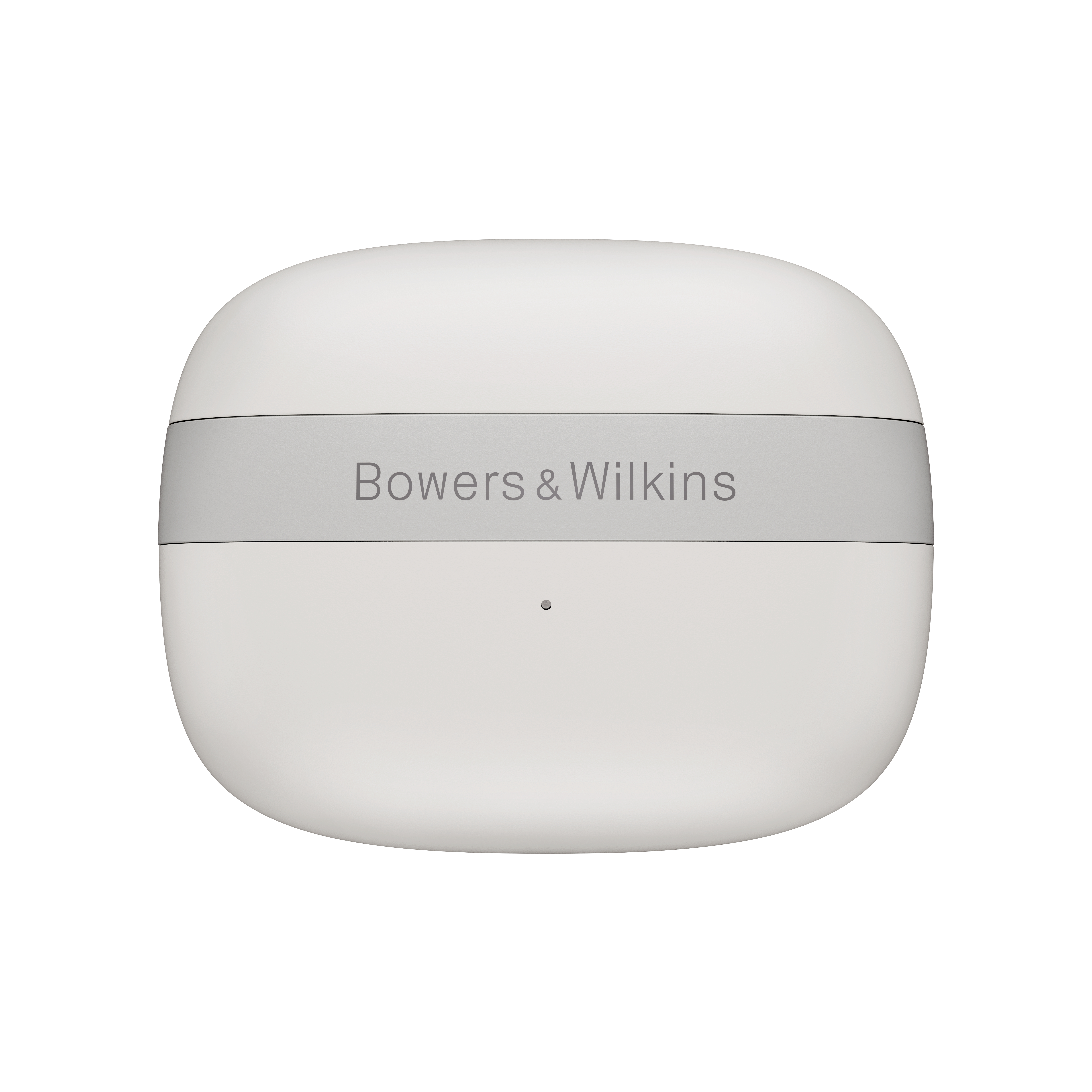 Weißes, ovales Bowers & Wilkins-Kopfhörergehäuse, hellgraues Band mit Text. Kleiner Punkt unter dem Band. Weißer Hintergrund.