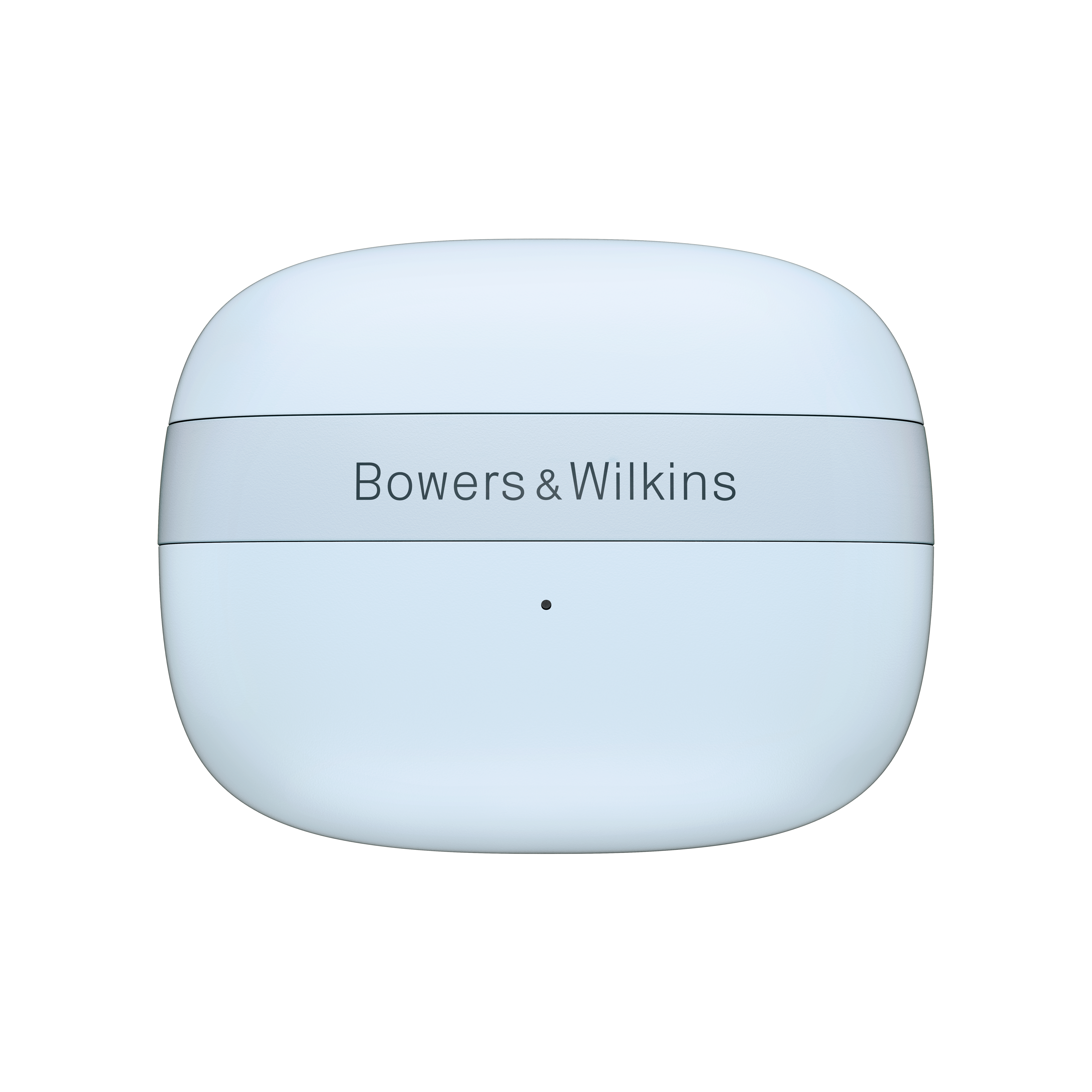 Ein hellblaues, abgerundetes quadratisches Gehäuse mit der Aufschrift Bowers & Wilkins. Ein schwarzer Punkt befindet sich unter dem Text.