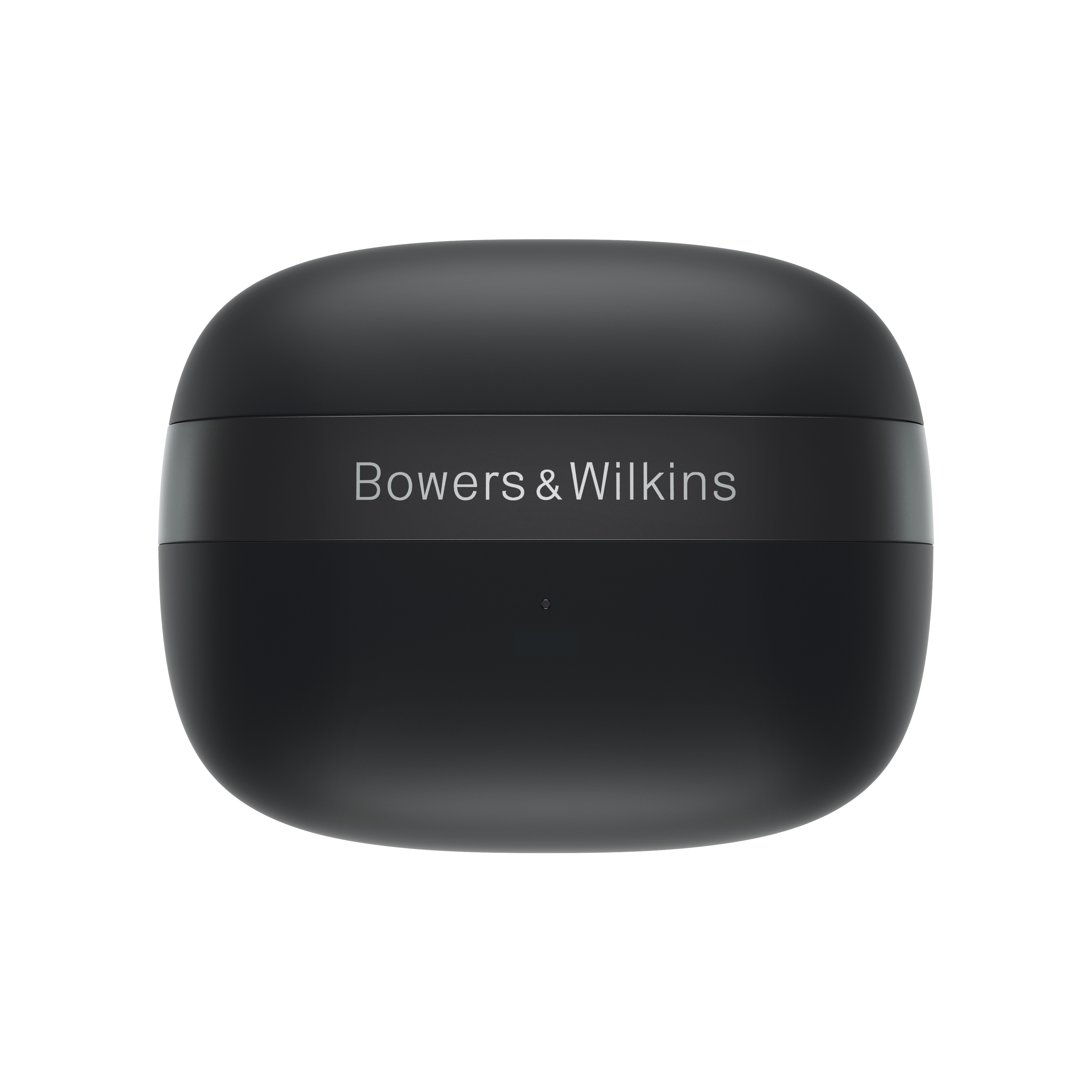 Schwarzes, ovales Gehäuse mit den silbernen Worten "Bowers & Wilkins". Weißer Hintergrund.