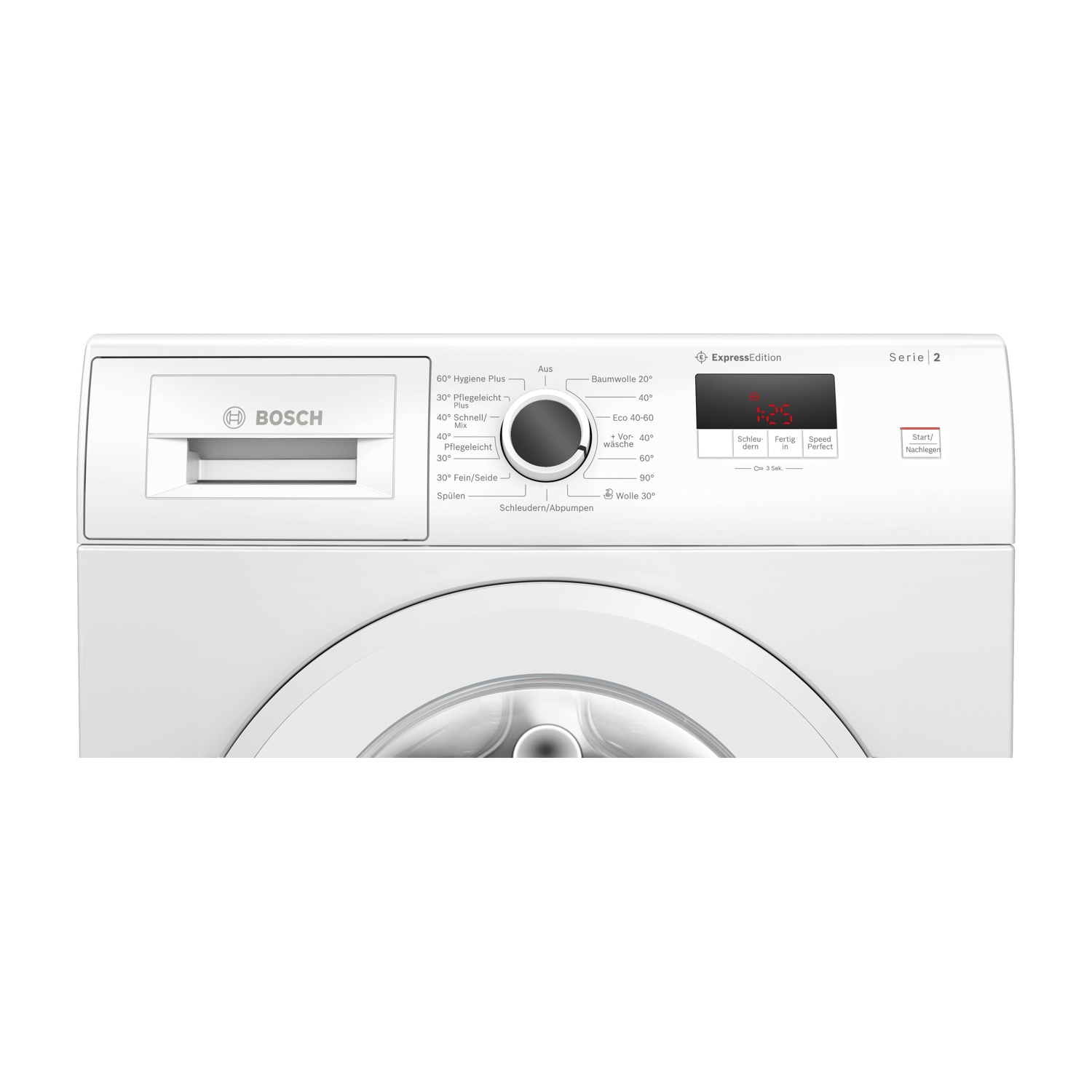 Pannello comandi lavatrice Bosch bianco. Pulsanti, manopola e display digitale con impostazioni e tempo.