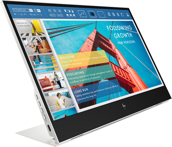 Ein HP-Monitor zeigt eine Präsentation mit Folien. Im Hintergrund ist die Golden Gate Bridge. Der Monitor ist weiß und abgewinkelt.