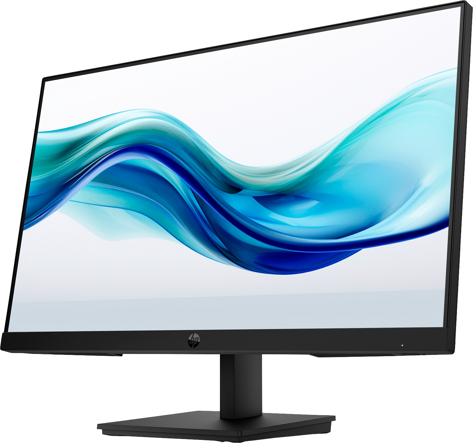 Ein schwarzer HP-Monitor zeigt ein blaues und weißes abstraktes Design. Der Bildschirm ist abgewinkelt und zeigt den Ständer und die Basis.