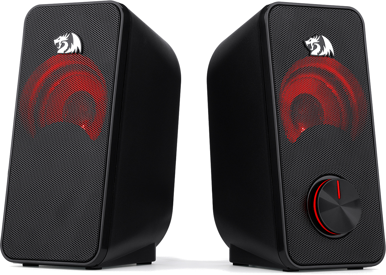 Dwa czarne głośniki Redragon. Każdy ma czerwony wzór świetlny i pokrętło głośności. Logo Redragon znajduje się na górze.
