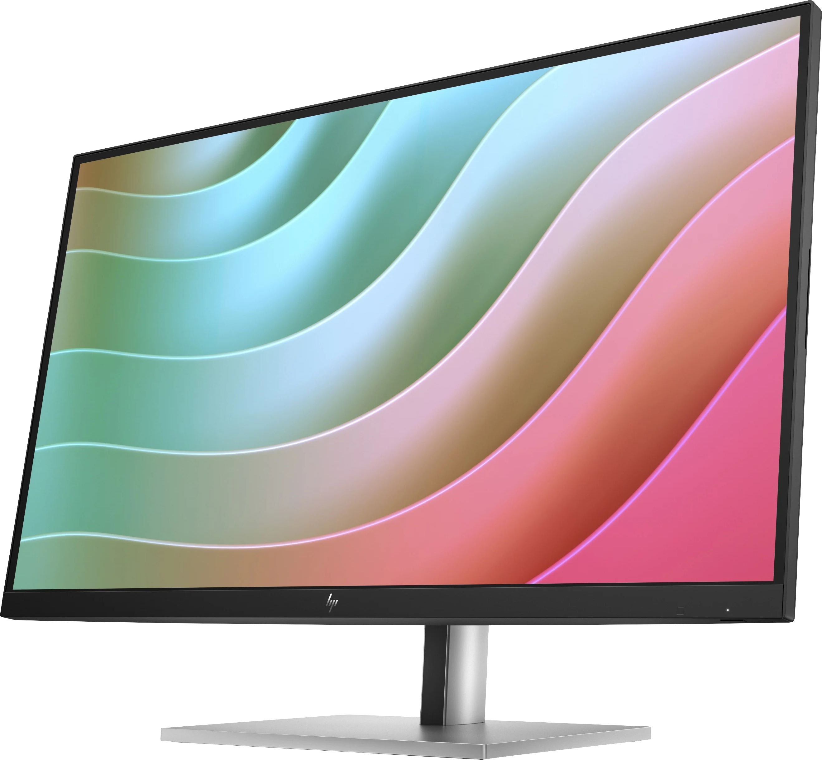 Ein Computermonitor zeigt ein farbenfrohes, abstraktes Wellenmuster vor schwarzem Hintergrund. Der Monitor steht auf einem silbernen Ständer.
