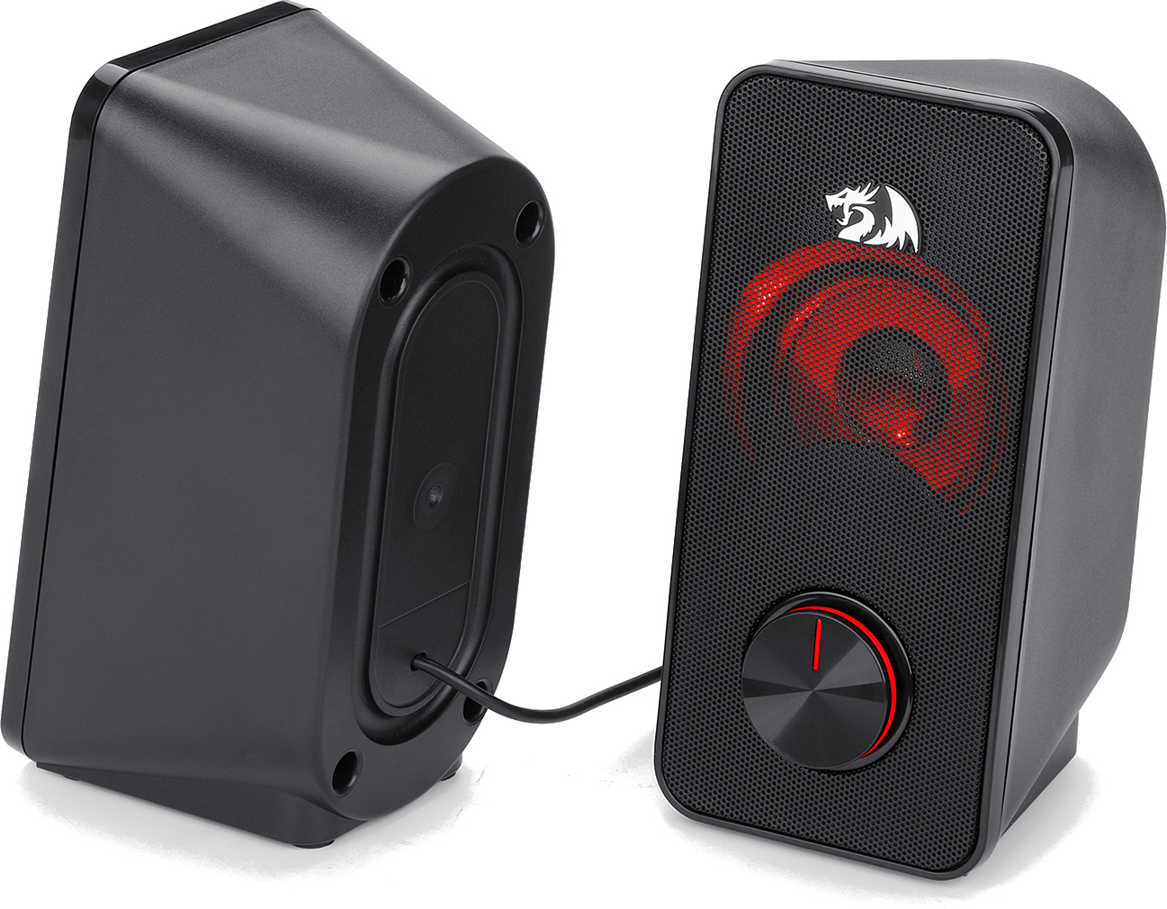 Dwa czarne głośniki komputerowe. Jeden ma czerwone podświetlane centrum i regulację głośności. Drugi to zwykłe czarne pudełko.