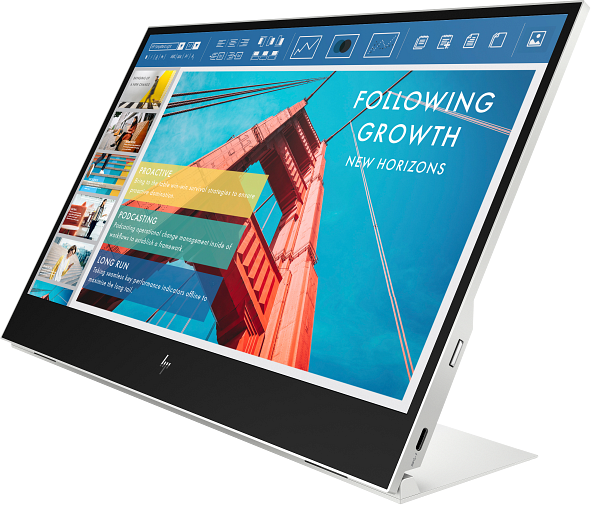 Ein HP-Tablet zeigt eine Präsentation mit Text über Wachstum und eine Brücke. Das Tablet hat einen schwarzen Rahmen und einen weißen Rahmen.