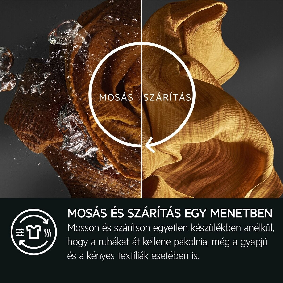 A kép nedves és száraz szövetet mutat egymás mellett, egy mosógép ikonnal. A szöveg azt mondja: 'mosás és szárítás egy lépésben'.