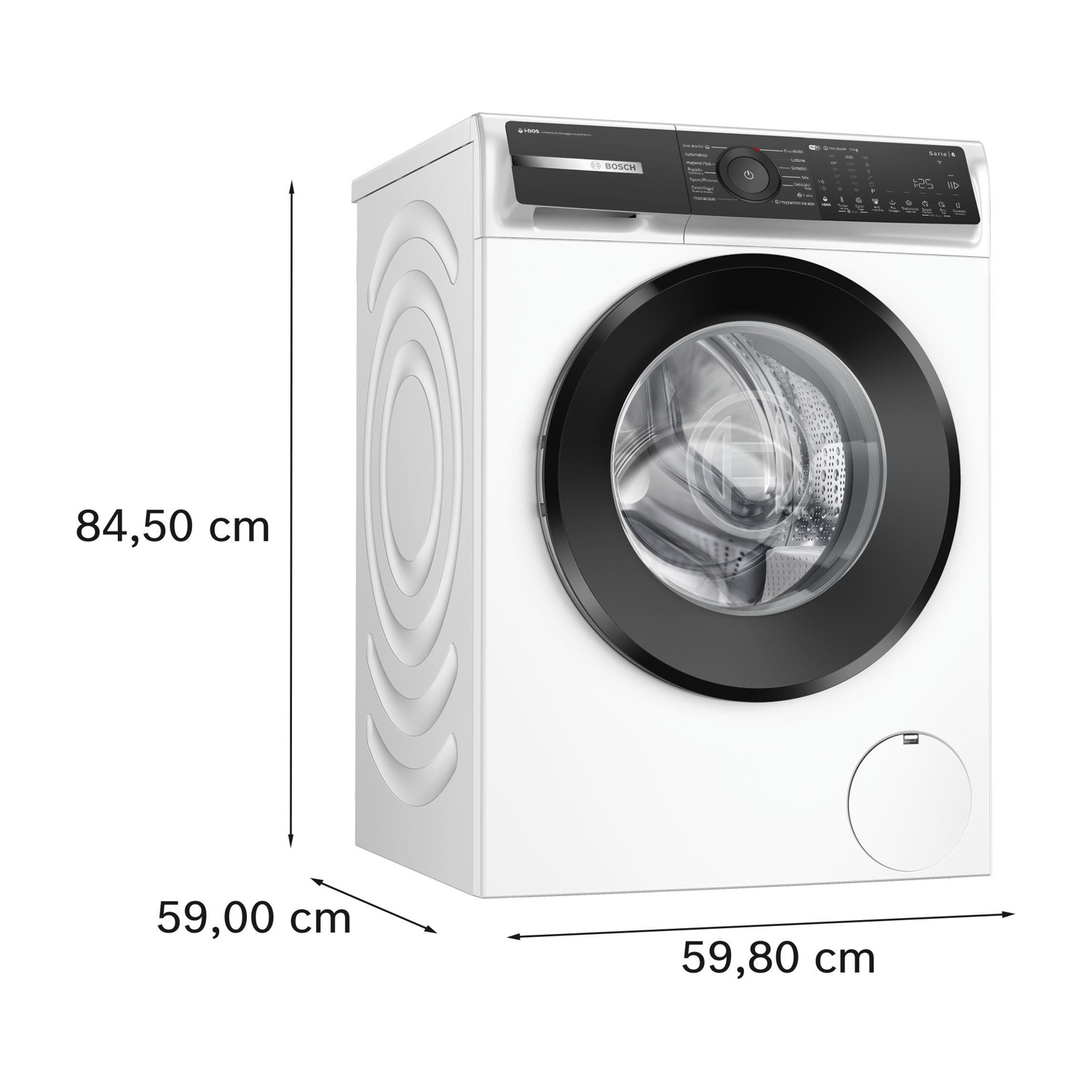 Una lavatrice Bosch bianca con porta e pannello di controllo neri. Dimensioni: 84,50 cm di altezza, 59,00 cm di profondità, 59,80 cm di larghezza.