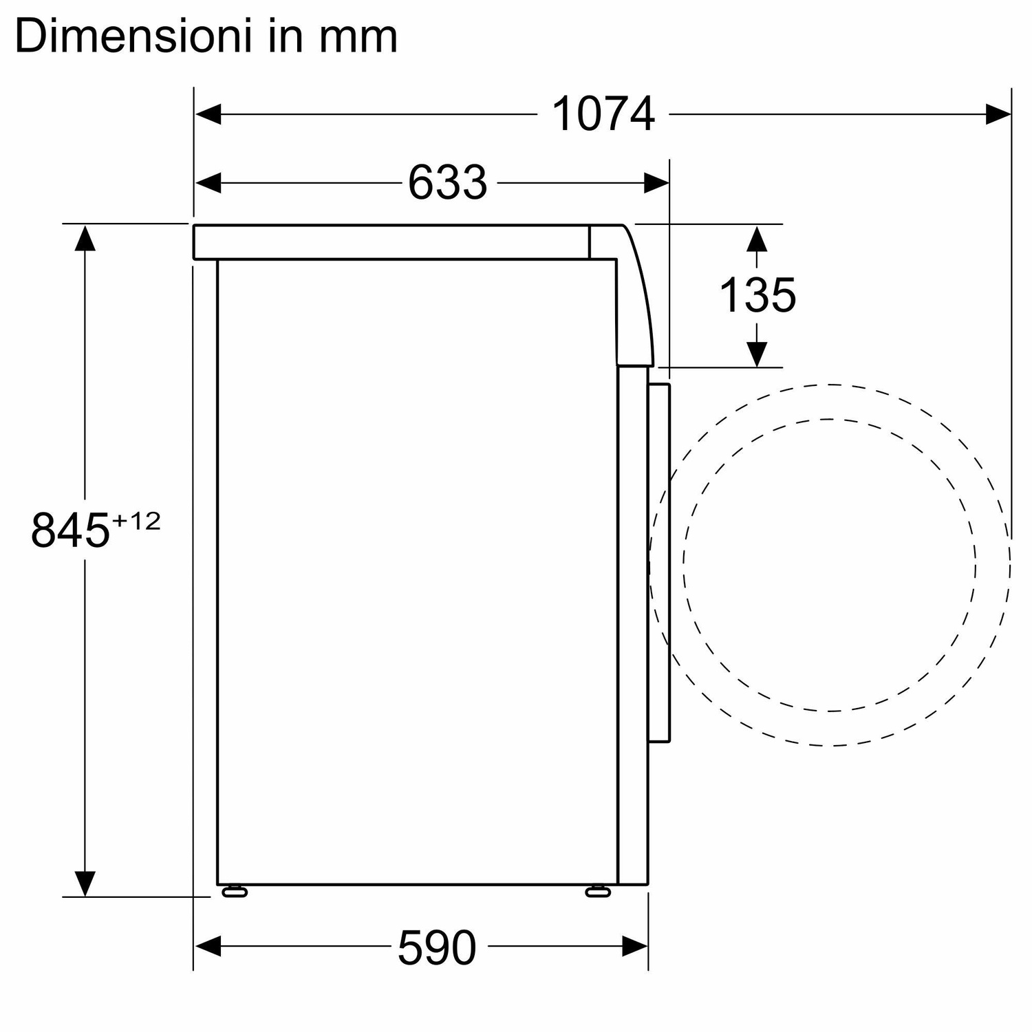 Diagramma che mostra le dimensioni in mm di un apparecchio. Le misure includono altezza, larghezza e profondità, con un cerchio tratteggiato che indica una parte.