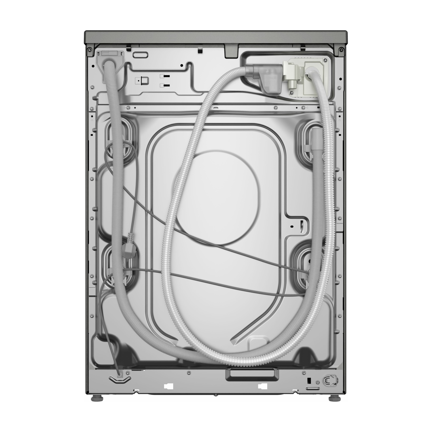 Retro di una lavatrice. Pannello metallico con tubi e connettori in plastica. Parte superiore e lati grigio scuro.