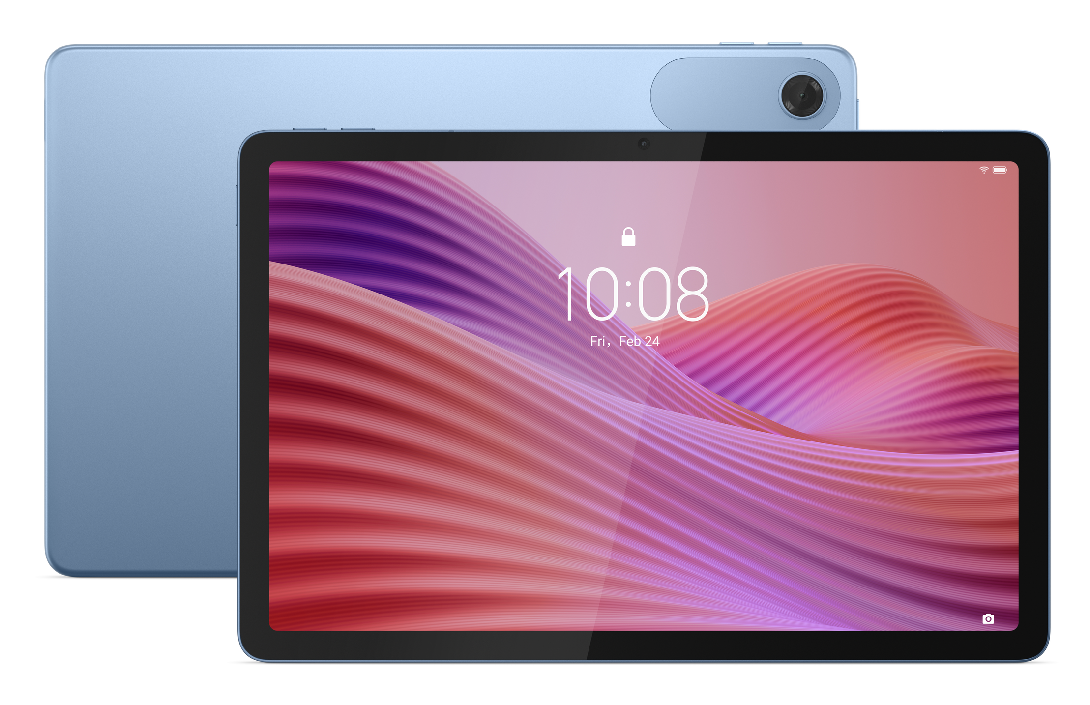 Niebieski tablet z ekranem wyświetlającym godzinę i datę. Za nim znajduje się drugi tablet. Ekran pokazuje falisty wzór.