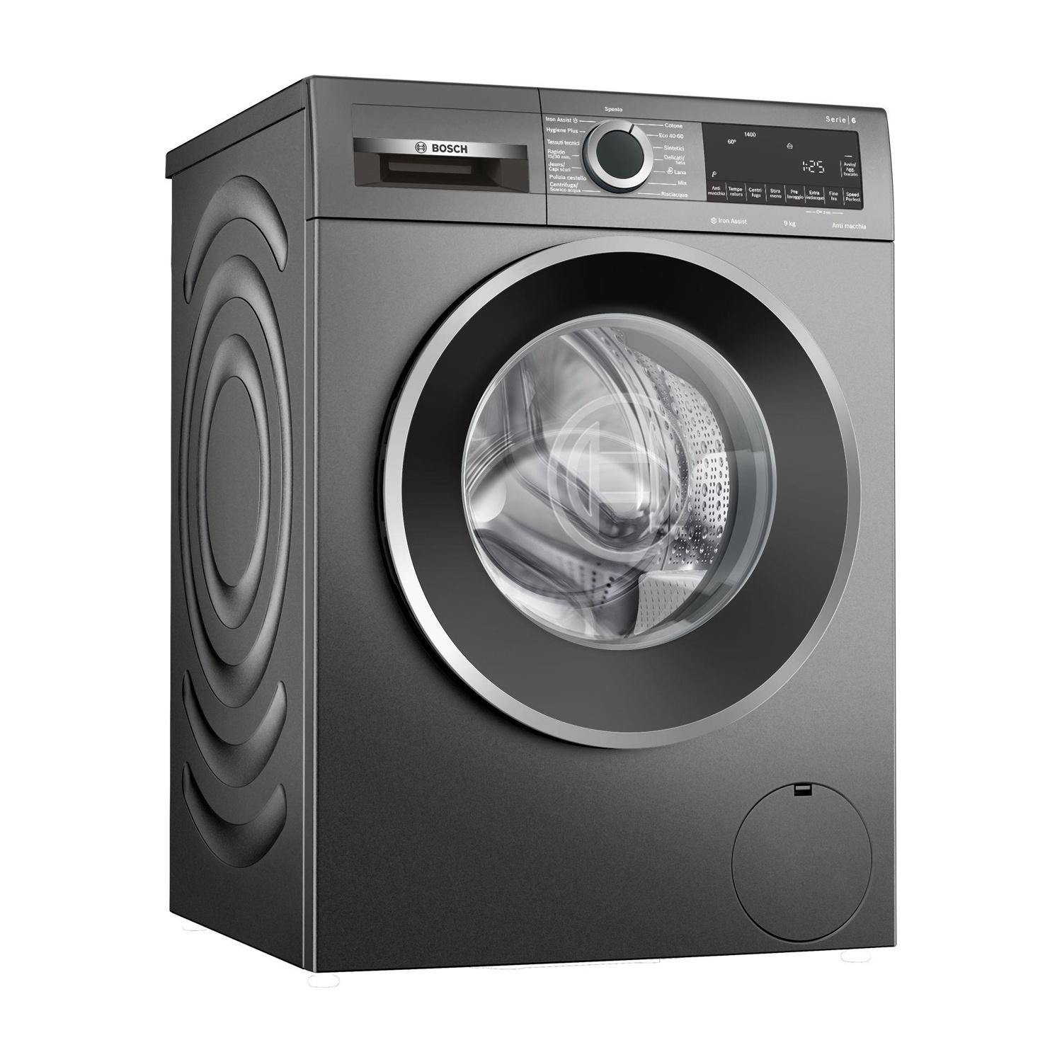 Una lavatrice grigia Bosch. Ha una porta circolare e un pannello di controllo con impostazioni e un display.