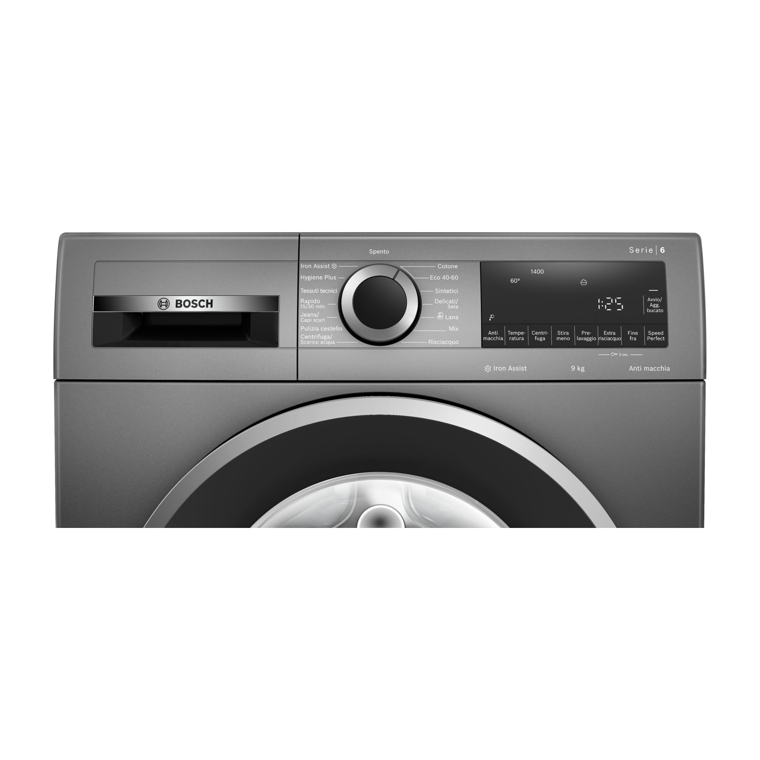 Pannello comandi grigio lavatrice con varie impostazioni e display digitale.