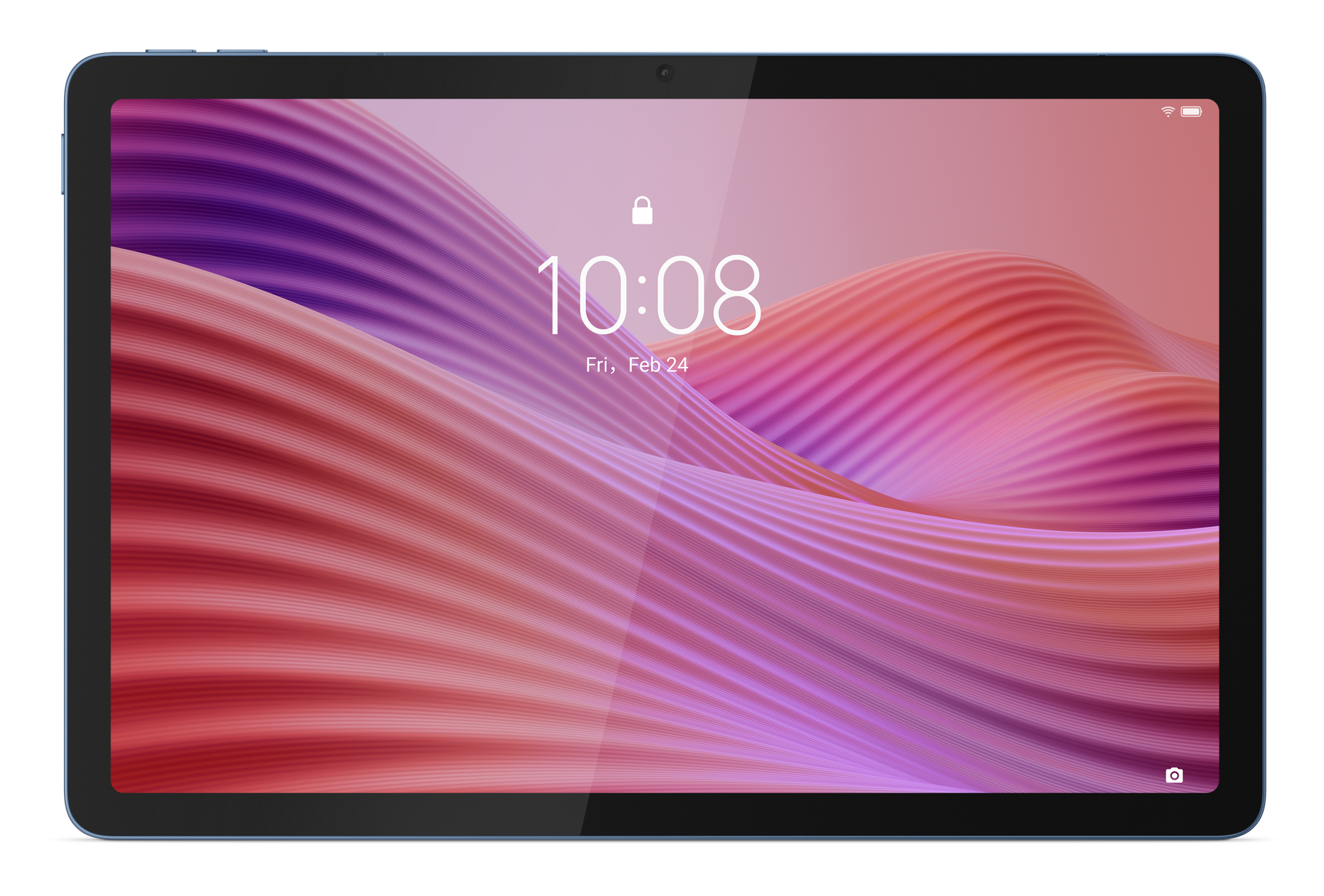 Tablet z falistym abstrakcyjnym tłem w kolorze fioletowym i czerwonym. Ekran blokady pokazuje czas, datę i ikonę kłódki.