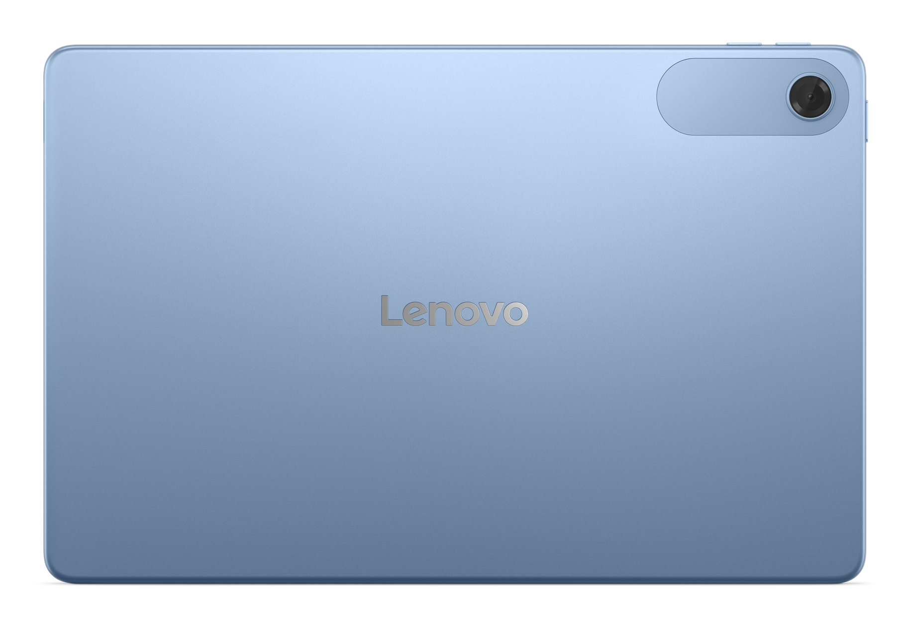 Jasnoniebieski tablet Lenovo. Posiada aparat fotograficzny w prawym górnym rogu i logo Lenovo na środku. Czarne tło.