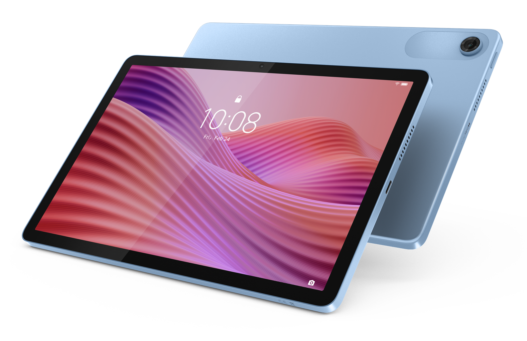 Dwa niebieskie tablety z ekranami wyświetlającymi czas i faliste tło. Jeden tablet jest nad drugim.