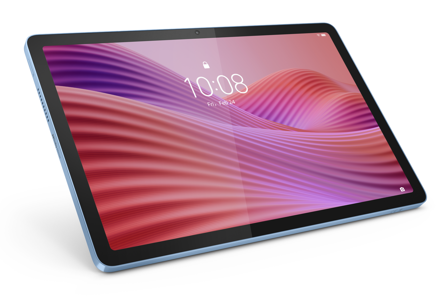 Tablet z niebieską ramką wyświetla ekran blokady z falistym różowym i fioletowym tłem, pokazując godzinę i datę.