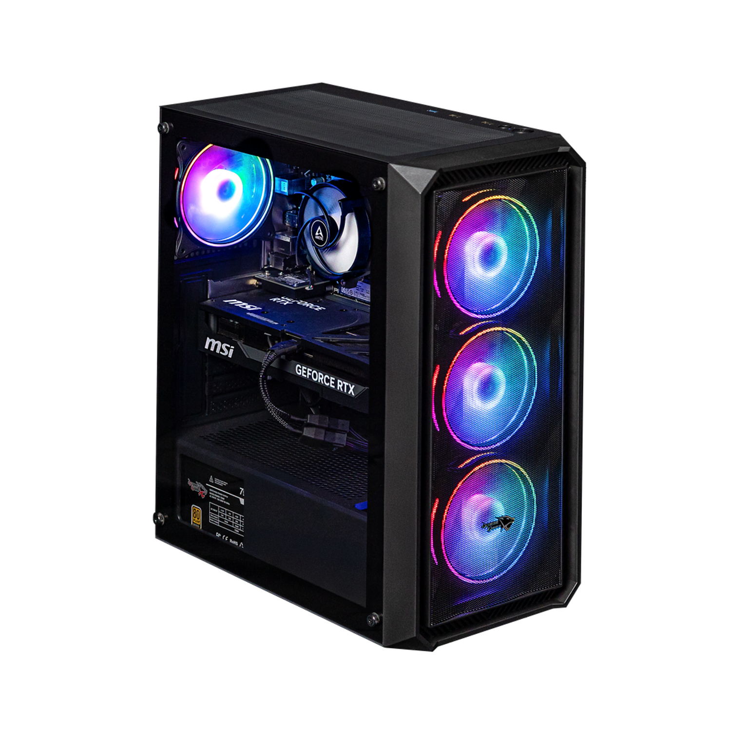 Een zwarte computerkast met RGB-ventilatoren. De voorkant heeft 3 ventilatoren, de zijkant 2 en de interne componenten zijn zichtbaar.