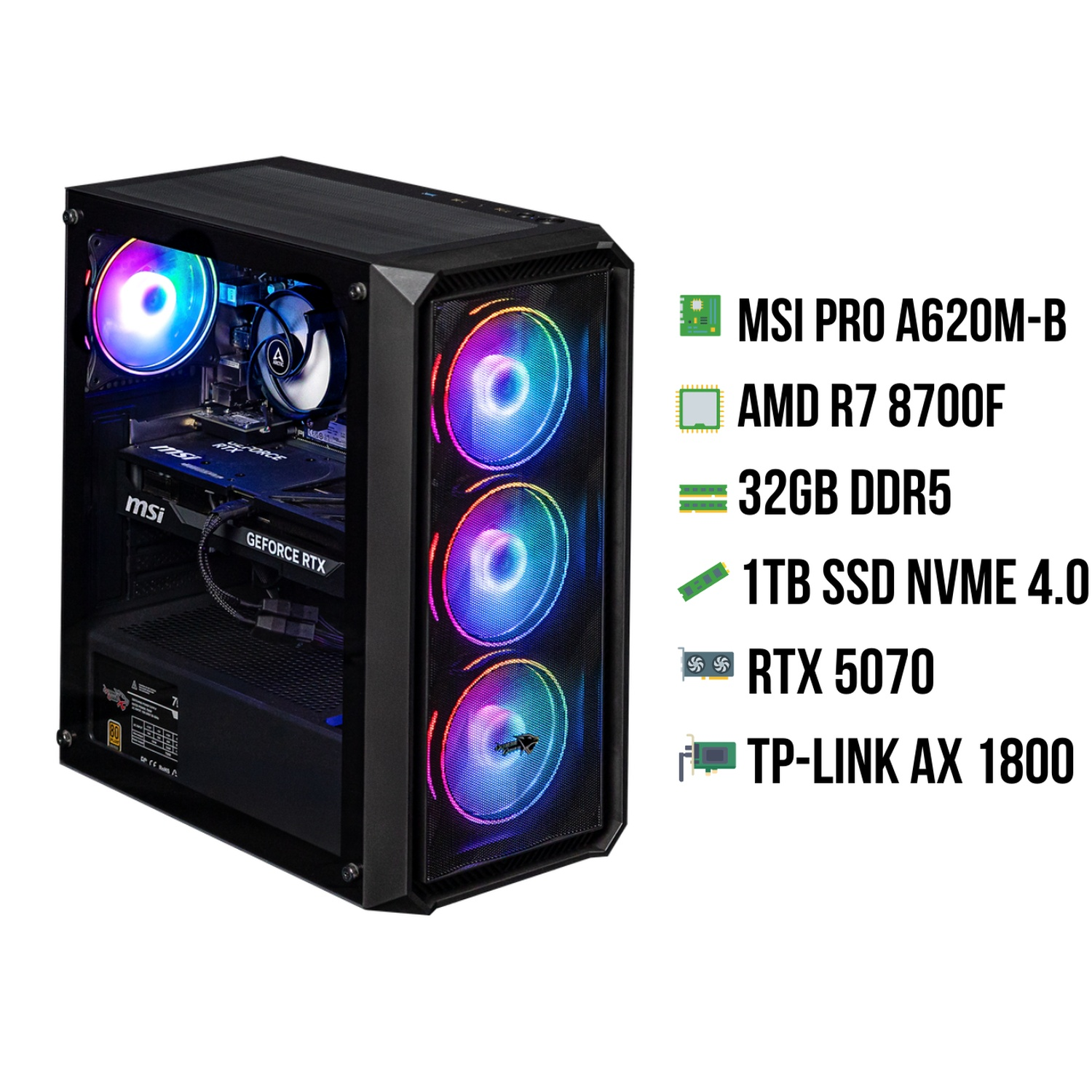 Een zwarte pc-kast met kleurrijke ventilatoren. Specificaties: MSI, AMD, 32GB DDR5, 1TB SSD, RTX 5070 en TP-LINK AX 1800.