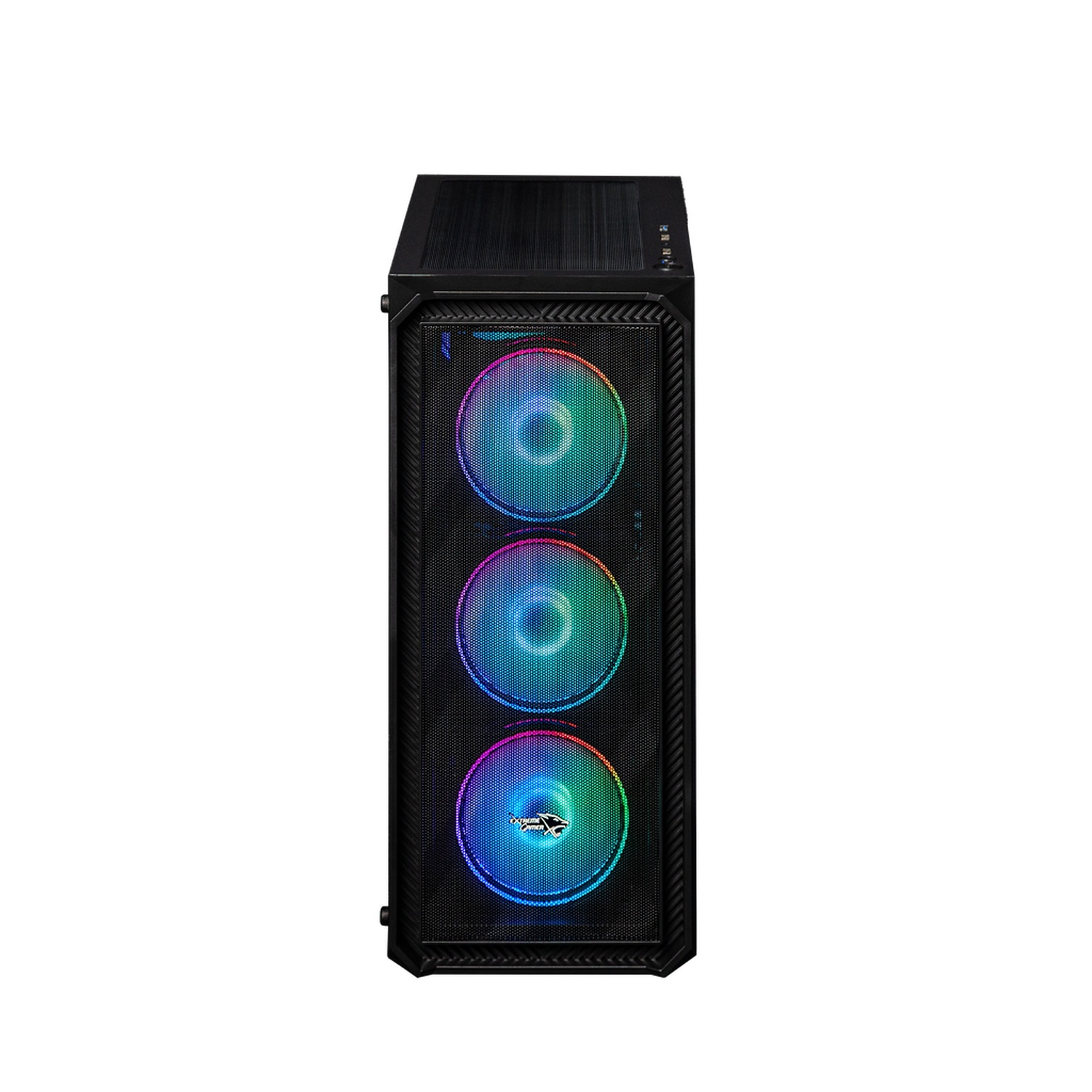 Zwarte pc-kast met drie verlichte ventilatoren. De ventilatoren hebben regenboogkleuren. De kast staat op een witte achtergrond.
