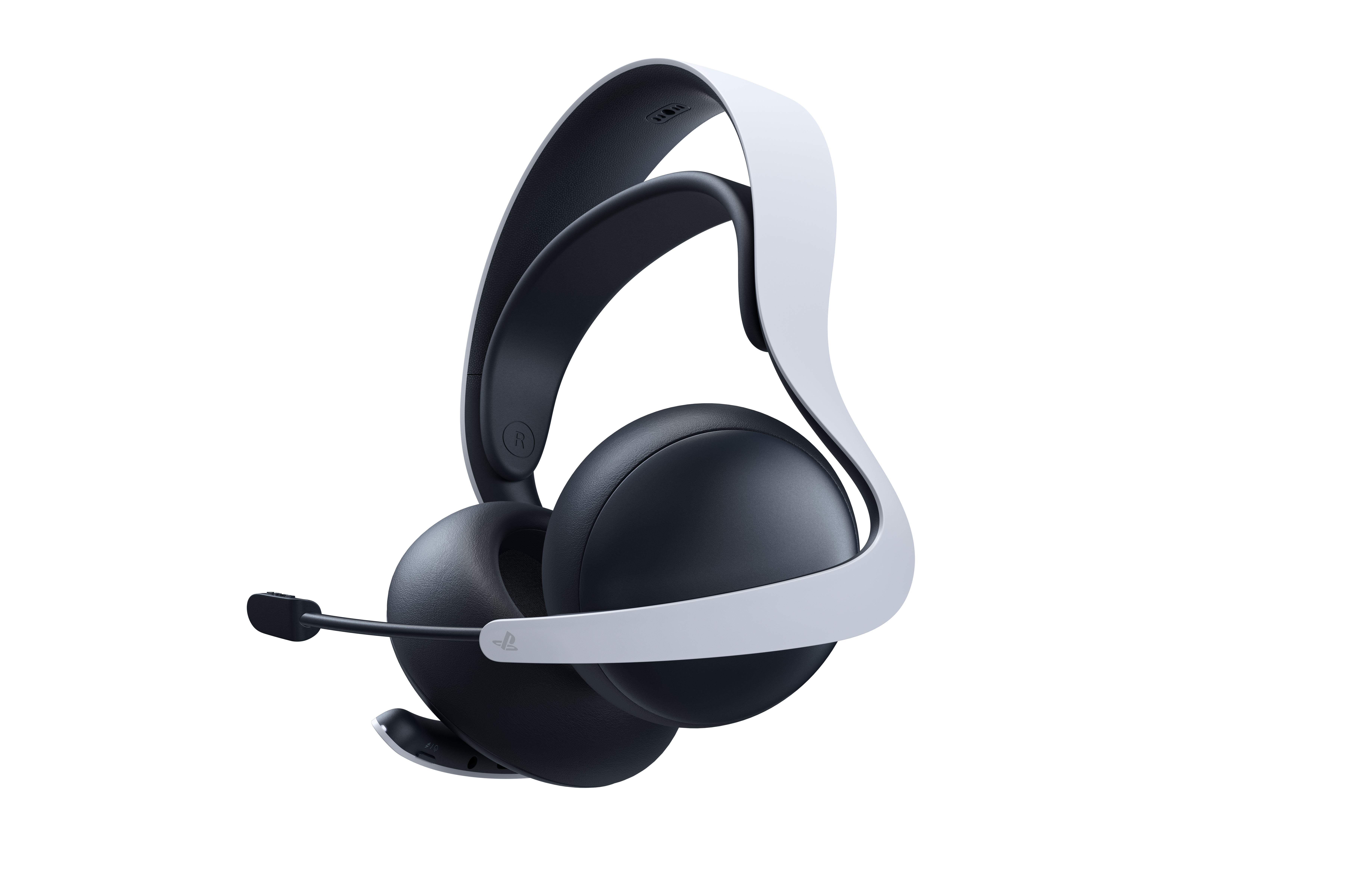 Schwarzes und weißes PlayStation 5-Headset. Es hat ein Mikrofon und ist vor weißem Hintergrund.