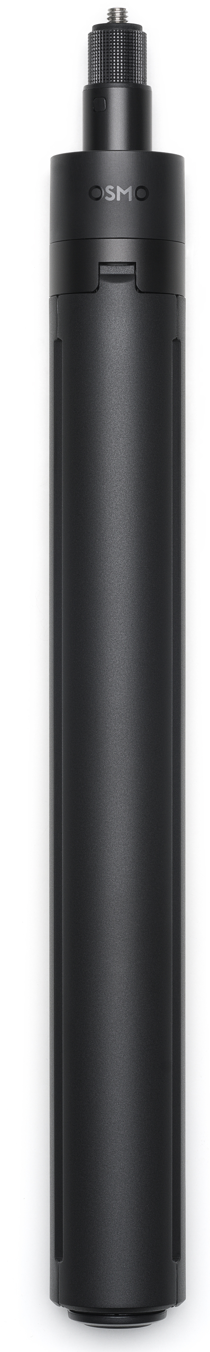 Czarny stabilizator kamery Osmo jest pokazany pionowo. Urządzenie jest cylindryczne z teksturowanym uchwytem i logo Osmo.