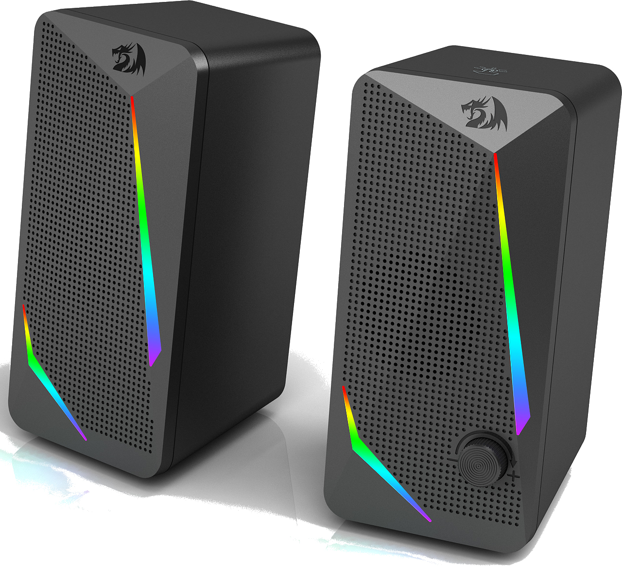 Dwa czarne głośniki ze światłami RGB. Jeden ma regulację głośności. Oba mają logo smoka i wiele małych otworów.