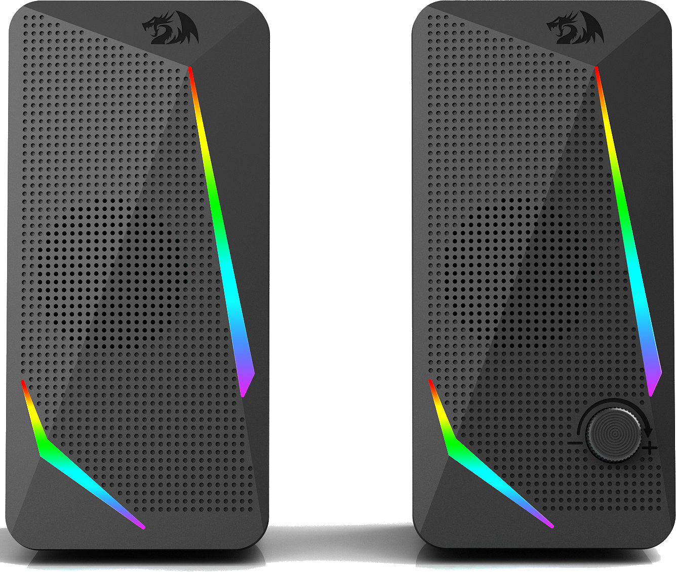 Dwa czarne głośniki z logo smoka, paskami świetlnymi RGB i pokrętłem głośności po prawej stronie. Głośniki są na białej powierzchni.
