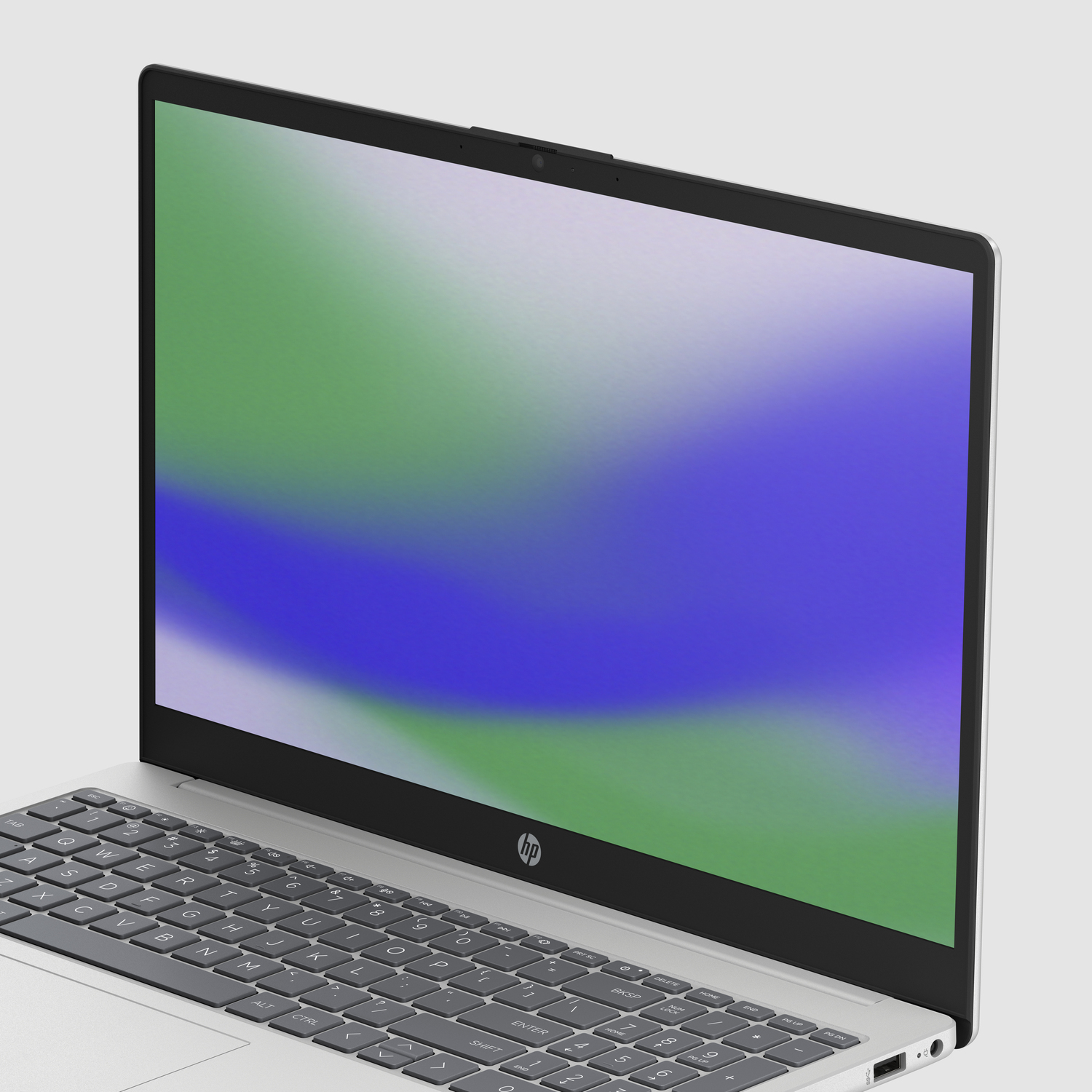 Se muestra una laptop HP en ángulo. La pantalla muestra una mezcla borrosa de verde y azul. El teclado es visible.