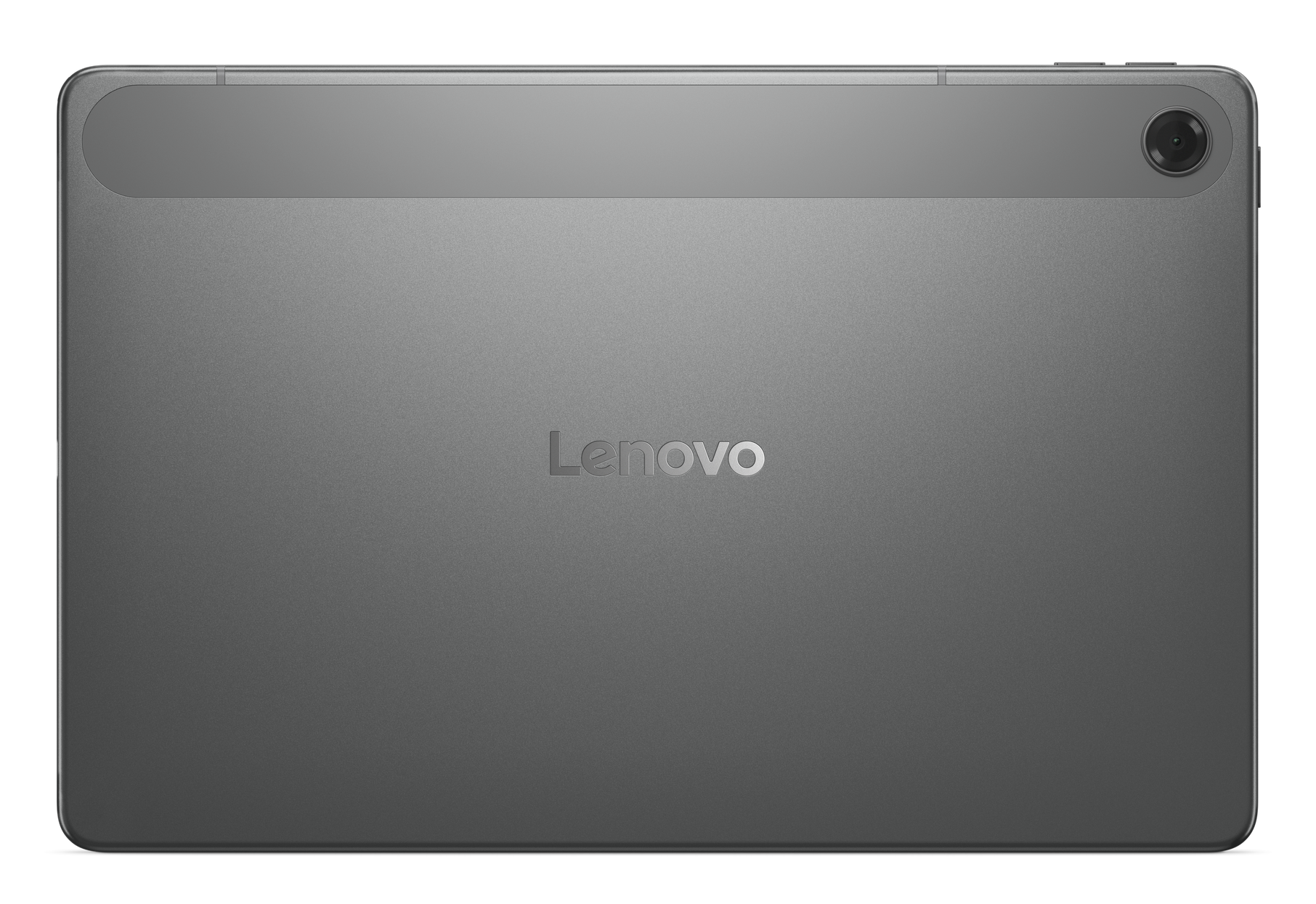 Srebrny tył tabletu Lenovo. Posiada aparat, szeroki górny pasek i logo Lenovo pośrodku. Czarne tło.