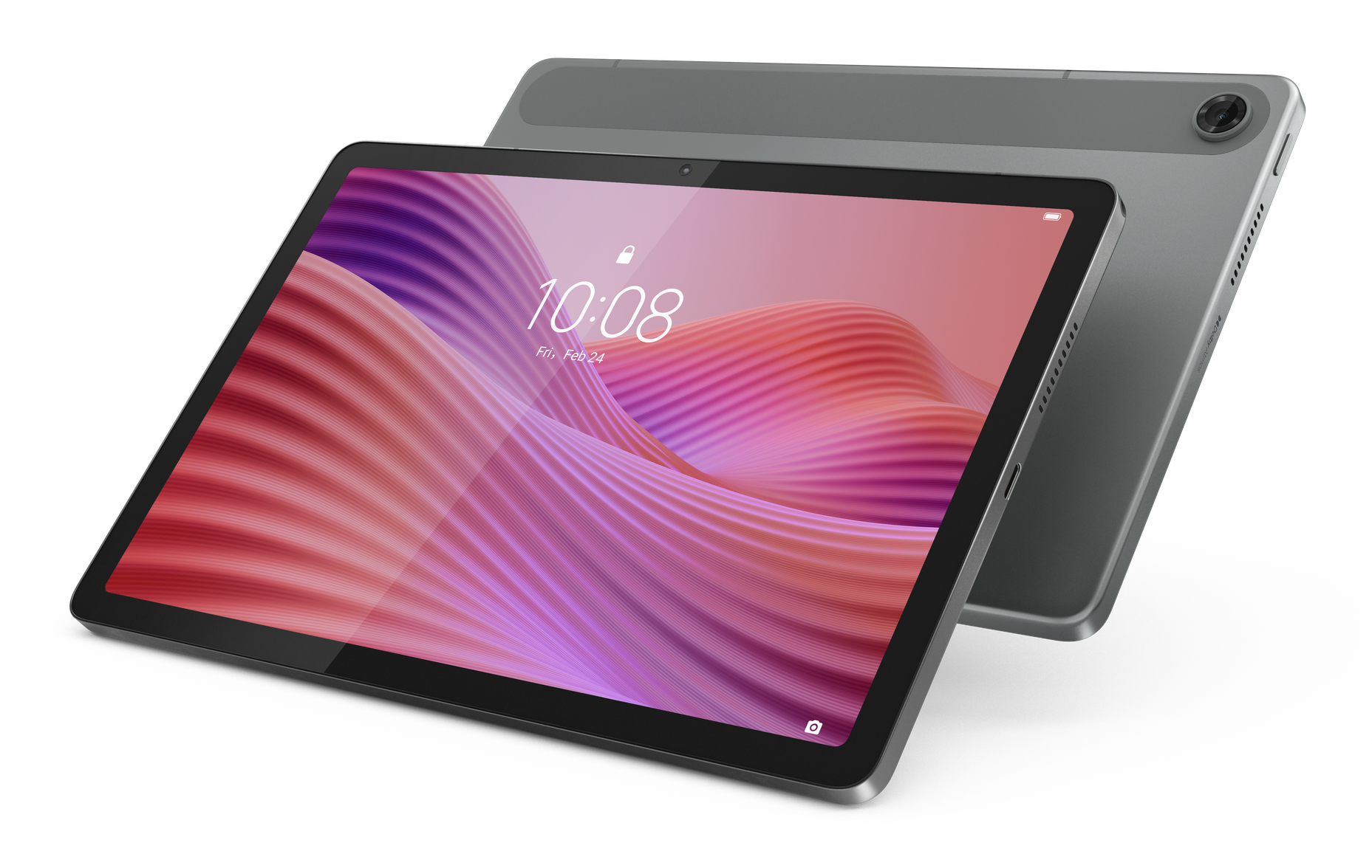 Dwa szare tablety na czarnym tle. Przedni tablet wyświetla ekran blokady z godziną i datą; tył jest lekko rozmyty.