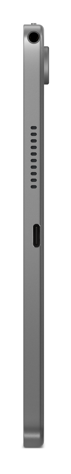 Widok z boku metalicznego szarego urządzenia, z otworem na górze i małym przyciskiem. Z boku znajdują się otwory wentylacyjne.