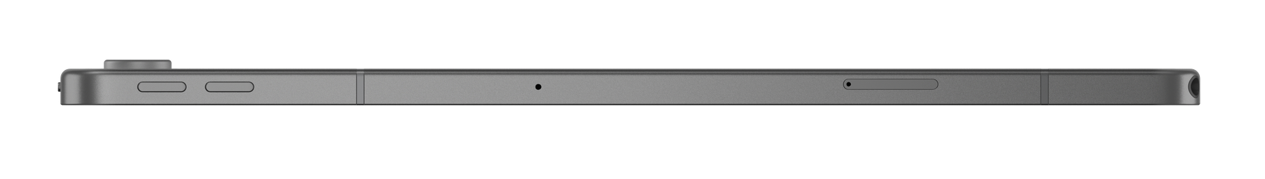 Widok z boku szarego tabletu. Posiada przyciski, aparat, mikrofon i port ładowania. Czarne tło.