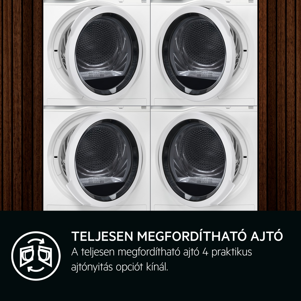 Négy fehér mosógép nyitott ajtókkal, fa háttérrel. Alul szöveg: Teljesen megfordítható ajtó.
