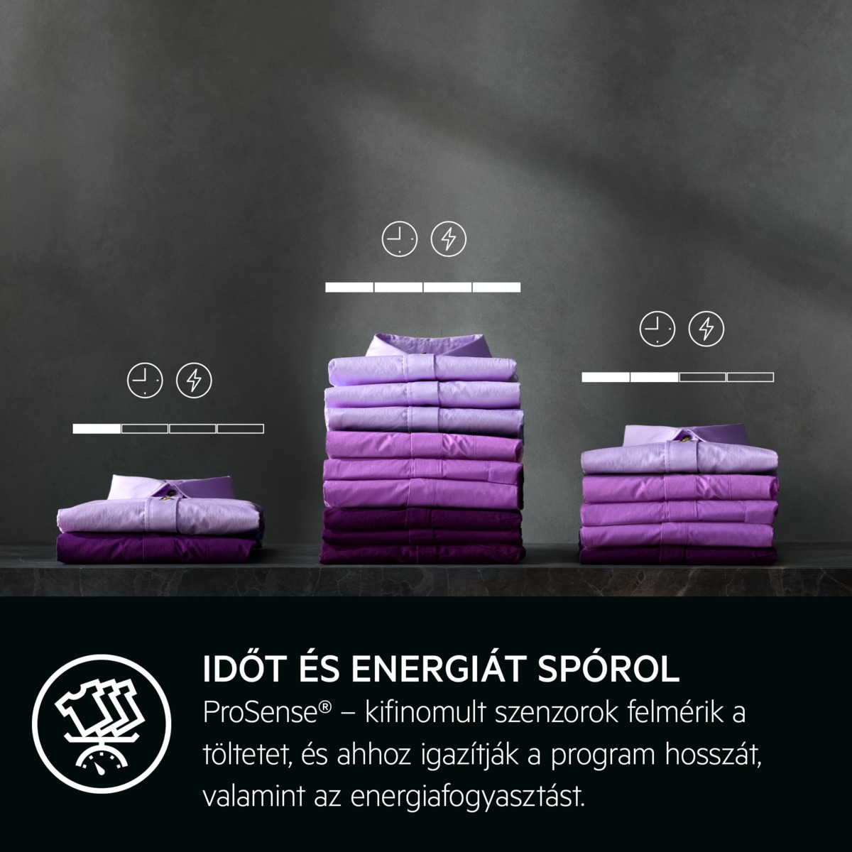 A képen lila ingek láthatók, egymásra rakva, idő- és energia ikonokkal. A szöveg: 'Időt és energiát takarít meg' ProSense technológiával.