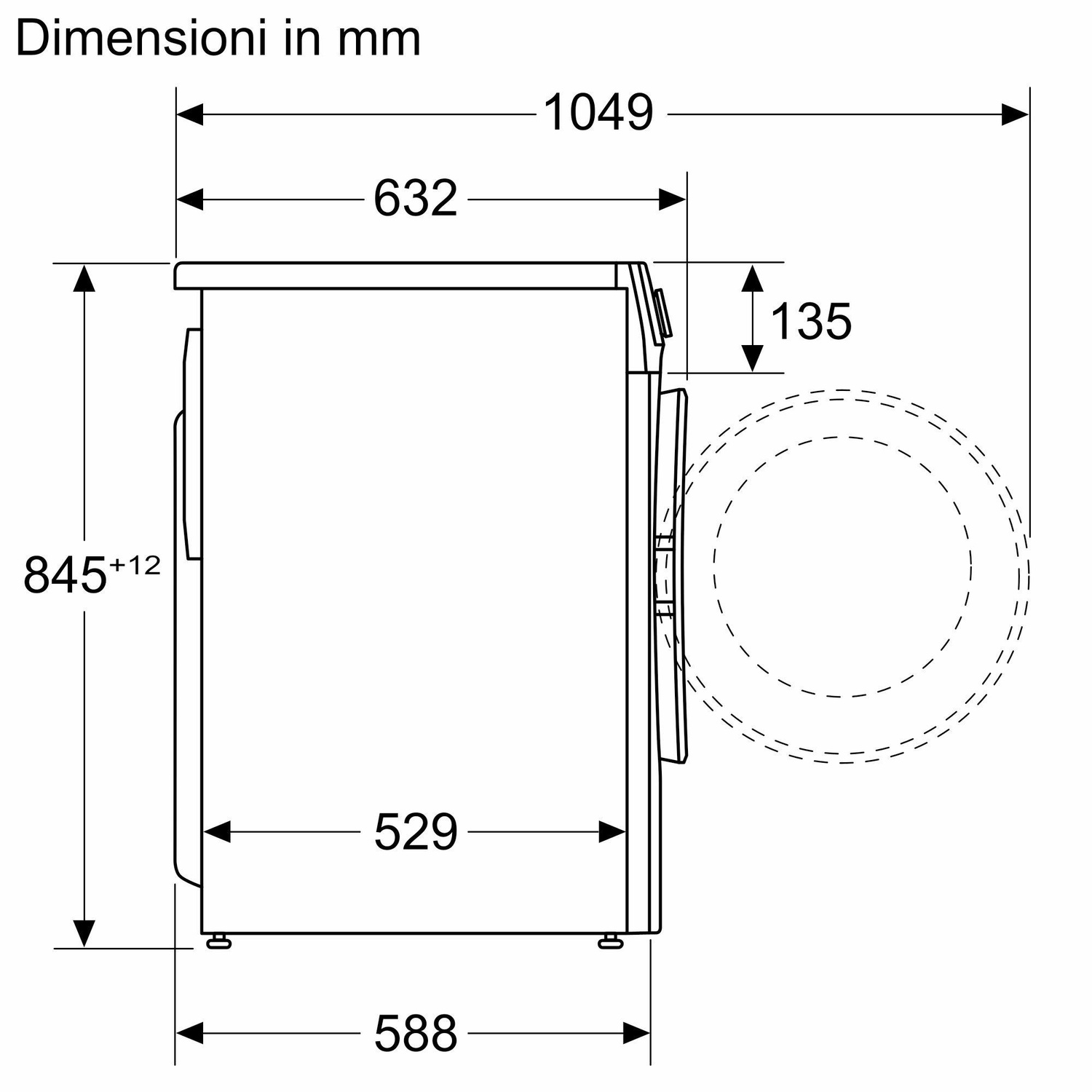 Diagramma di una lavatrice con dimensioni in mm. Vista laterale con misure di altezza, larghezza e profondità.