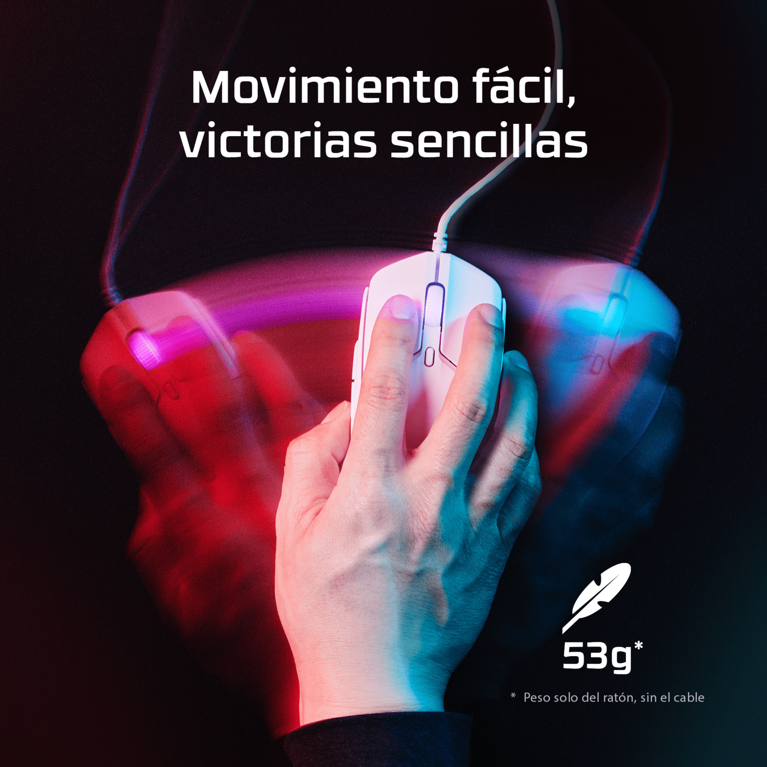 Un ratón blanco se sostiene en una mano, con rastros de movimiento borrosos en rojo y azul. El texto de arriba dice 'Movimiento fácil, victorias sencillas'.