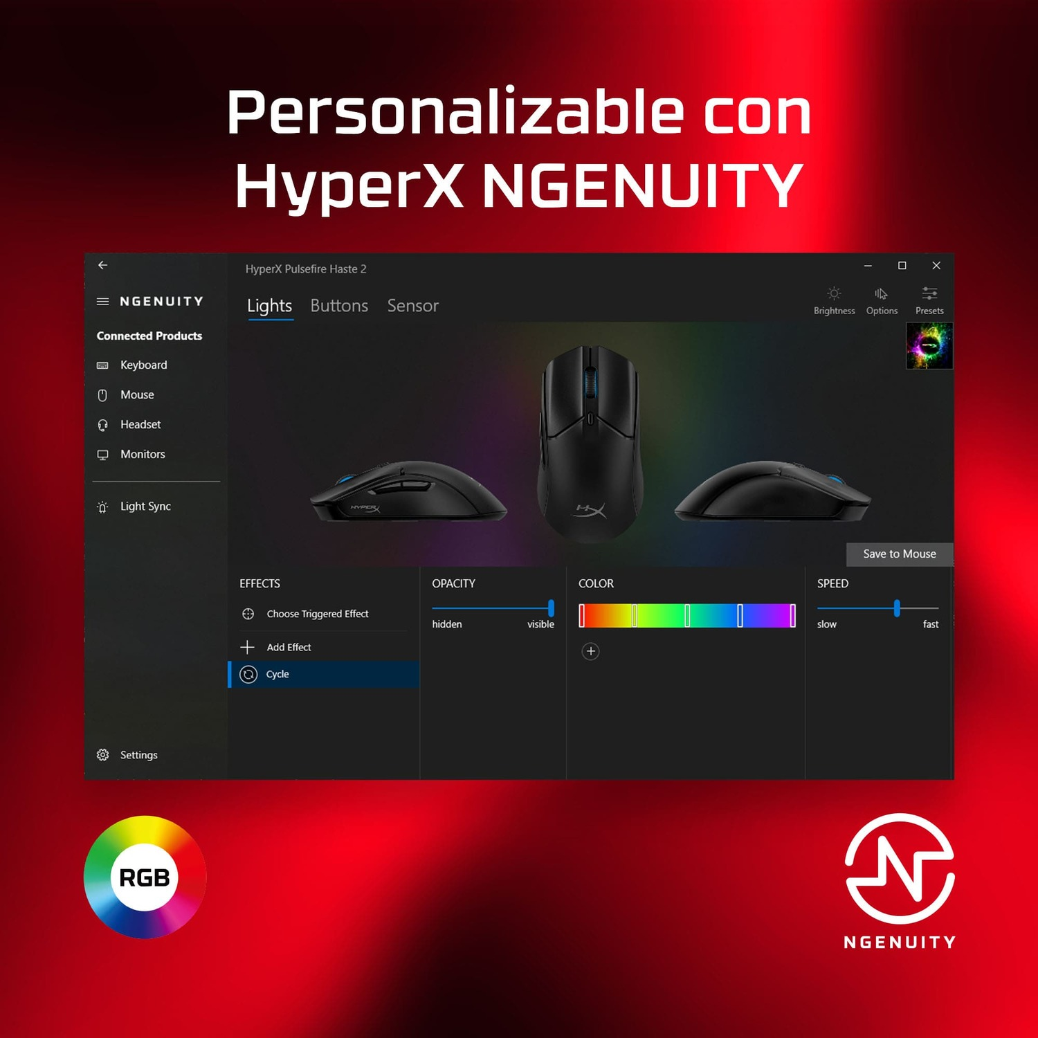 Una interfaz de computadora con un ratón, que muestra opciones de personalización de color. El fondo es rojo con texto blanco.