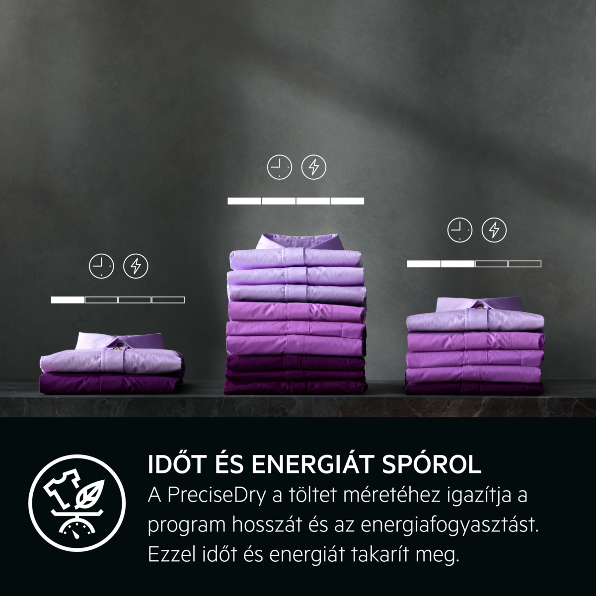 A képen egymásra rakott lila ingek láthatók idő- és energia ikonokkal. A szöveg: Időt és energiát takarít meg.