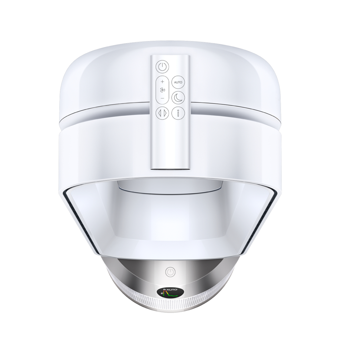 Purificador de aire blanco con panel de control. Botones: encendido, velocidad del ventilador, automático, luna y flechas. Base plateada con pantalla.