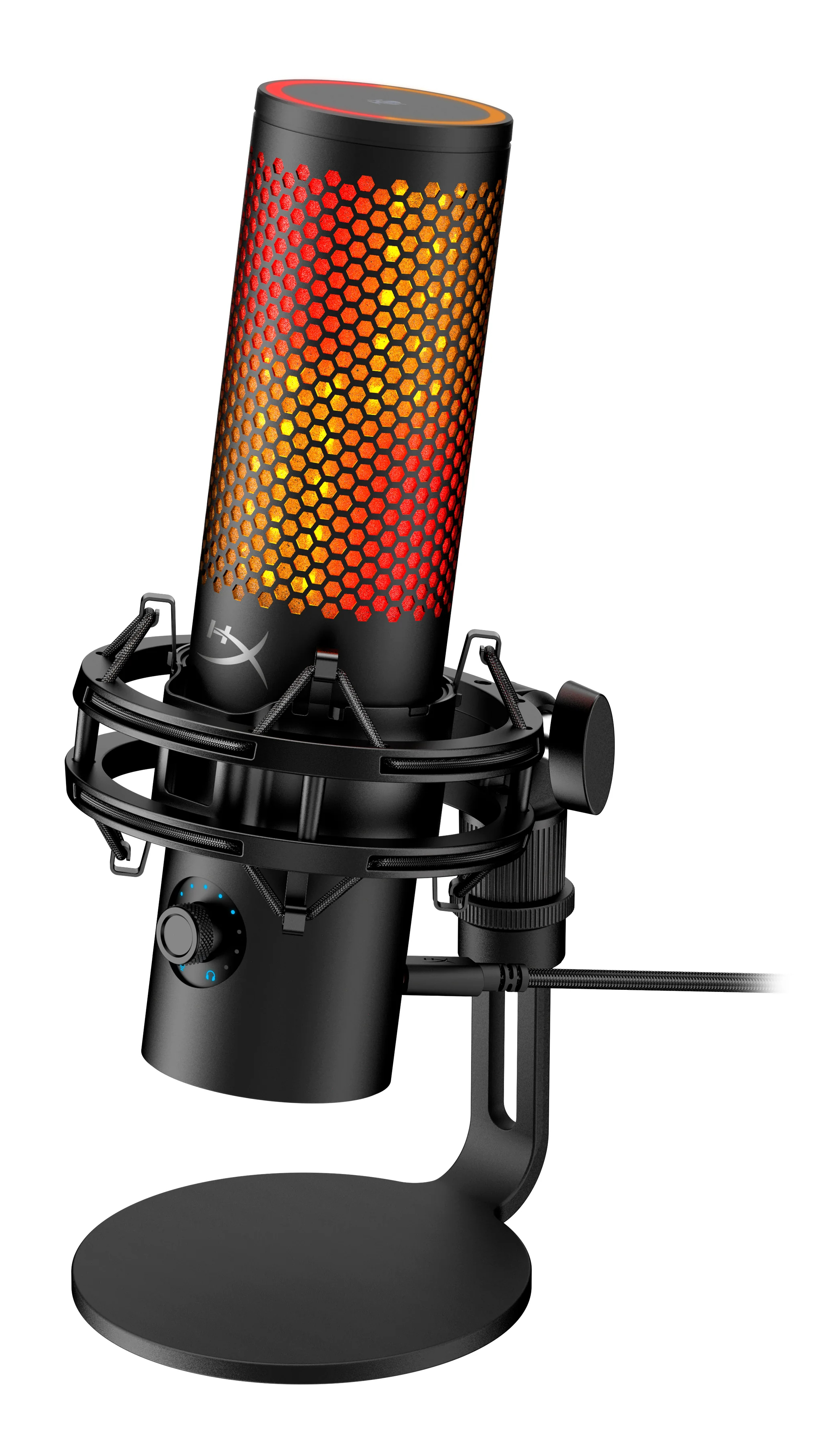 Czarny mikrofon z świecącym wzorem plastra miodu. Posiada podstawkę i regulację głośności. Tło jest białe.