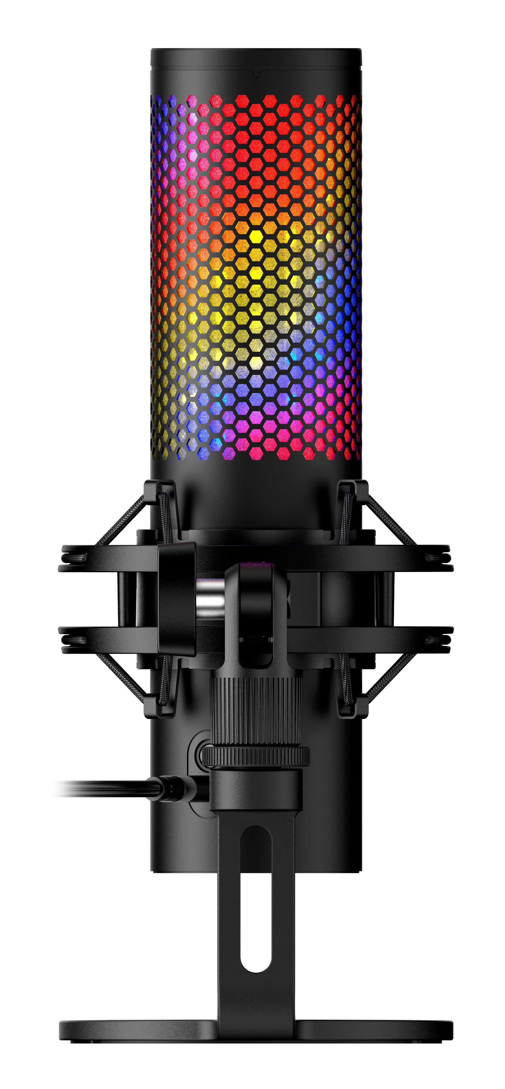 Czarny mikrofon z kolorowymi światłami wewnątrz kratki o strukturze plastra miodu. Ma podstawę i jest na białym tle.