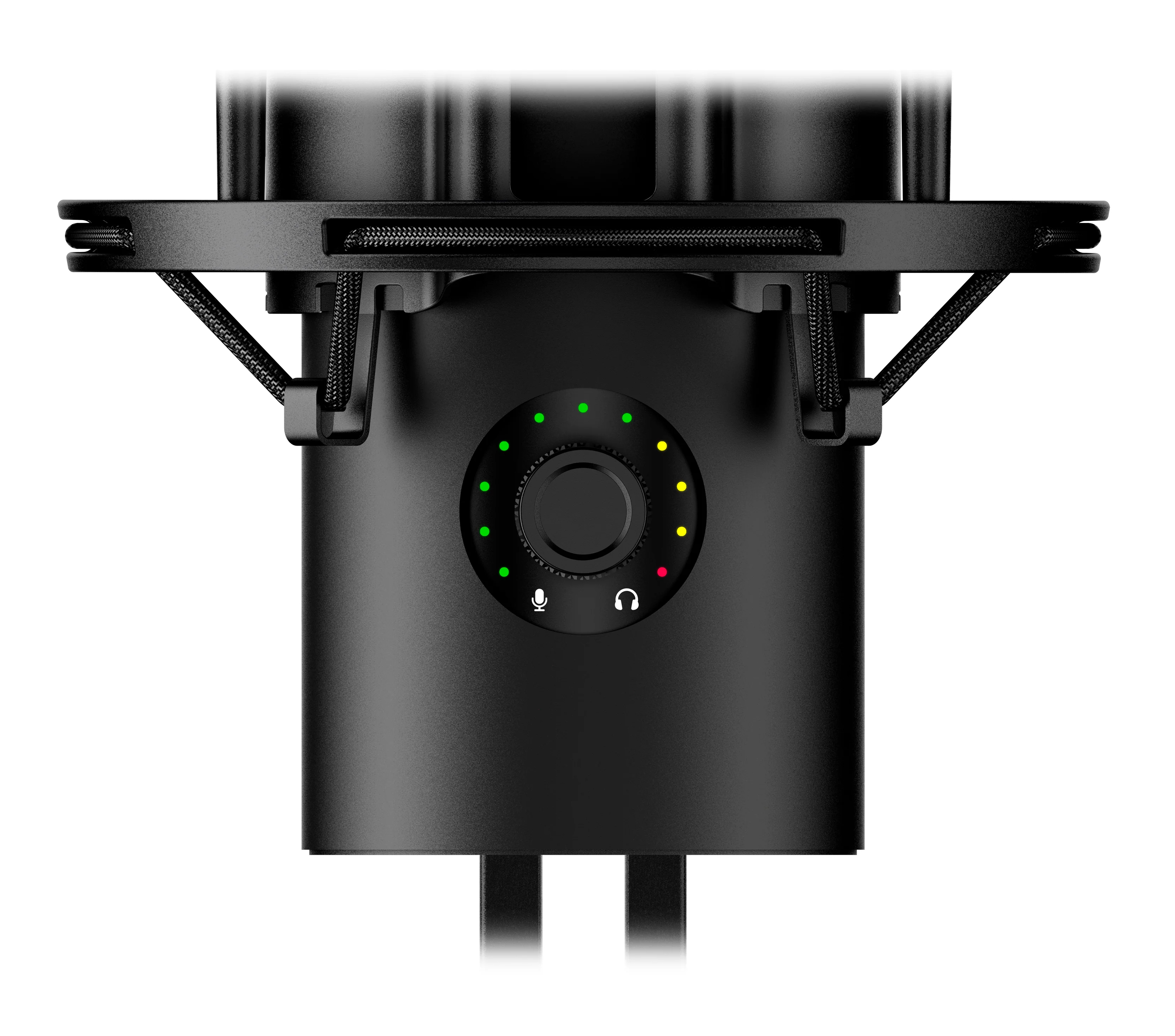 Czarny mikrofon z okrągłym panelem sterowania i lampką kontrolną. Mikrofon jest zamontowany na statywie.