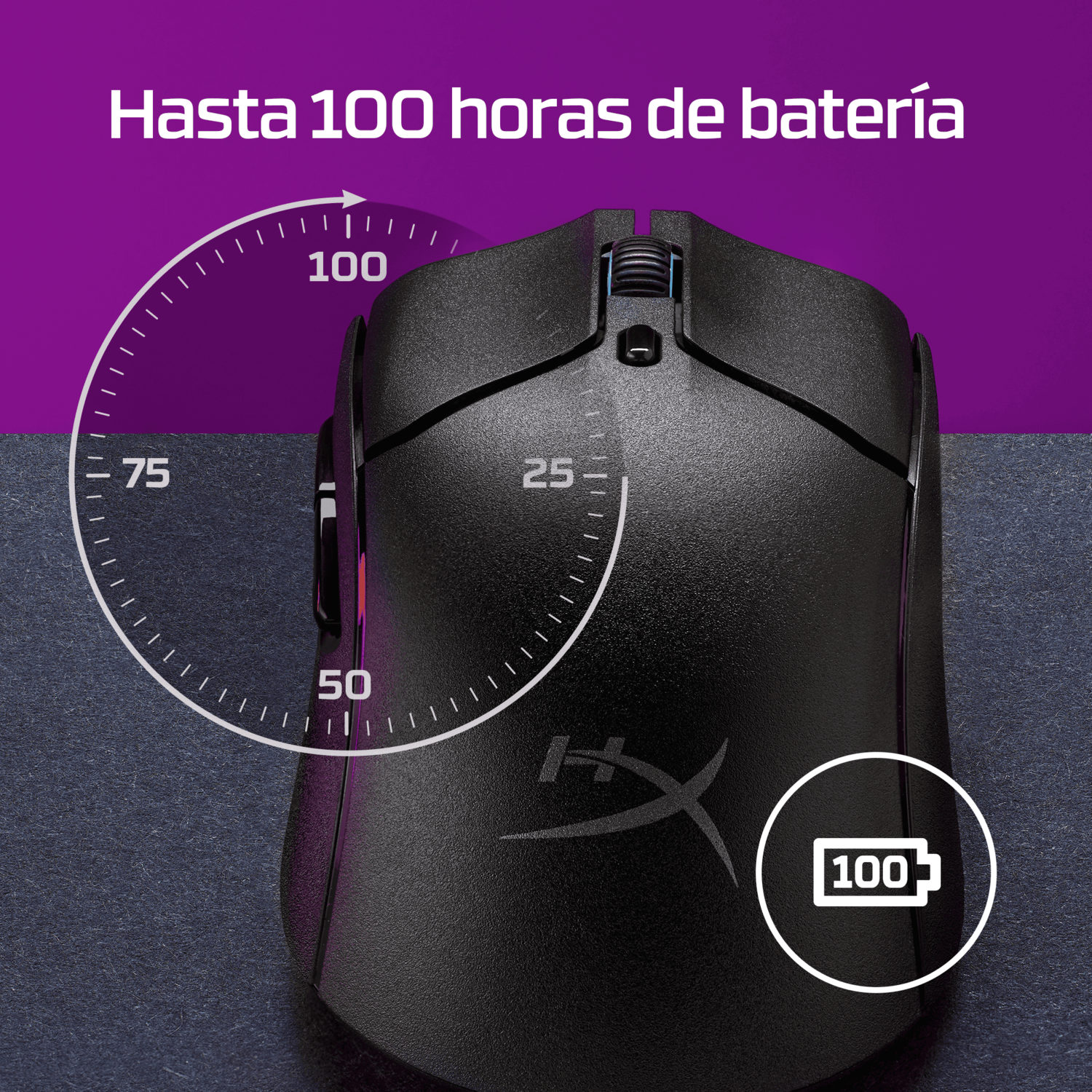 Ratón negro con indicador de batería de 100 horas. Fondo morado con texto "Hasta 100 horas de batería".