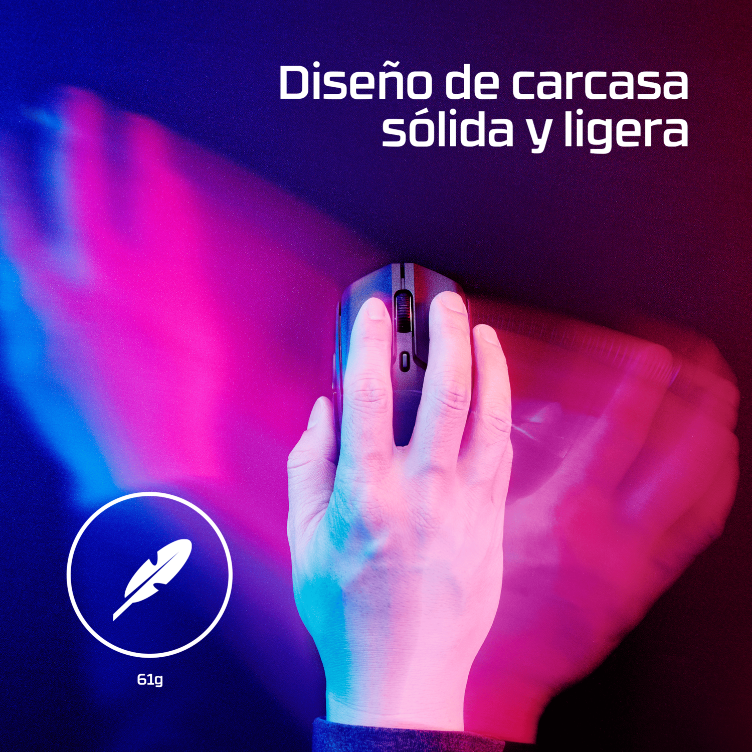 Mano sosteniendo un ratón con un logo de pluma. Texto dice 'diseño de carcasa sólida y ligera'. Fondo morado y azul.