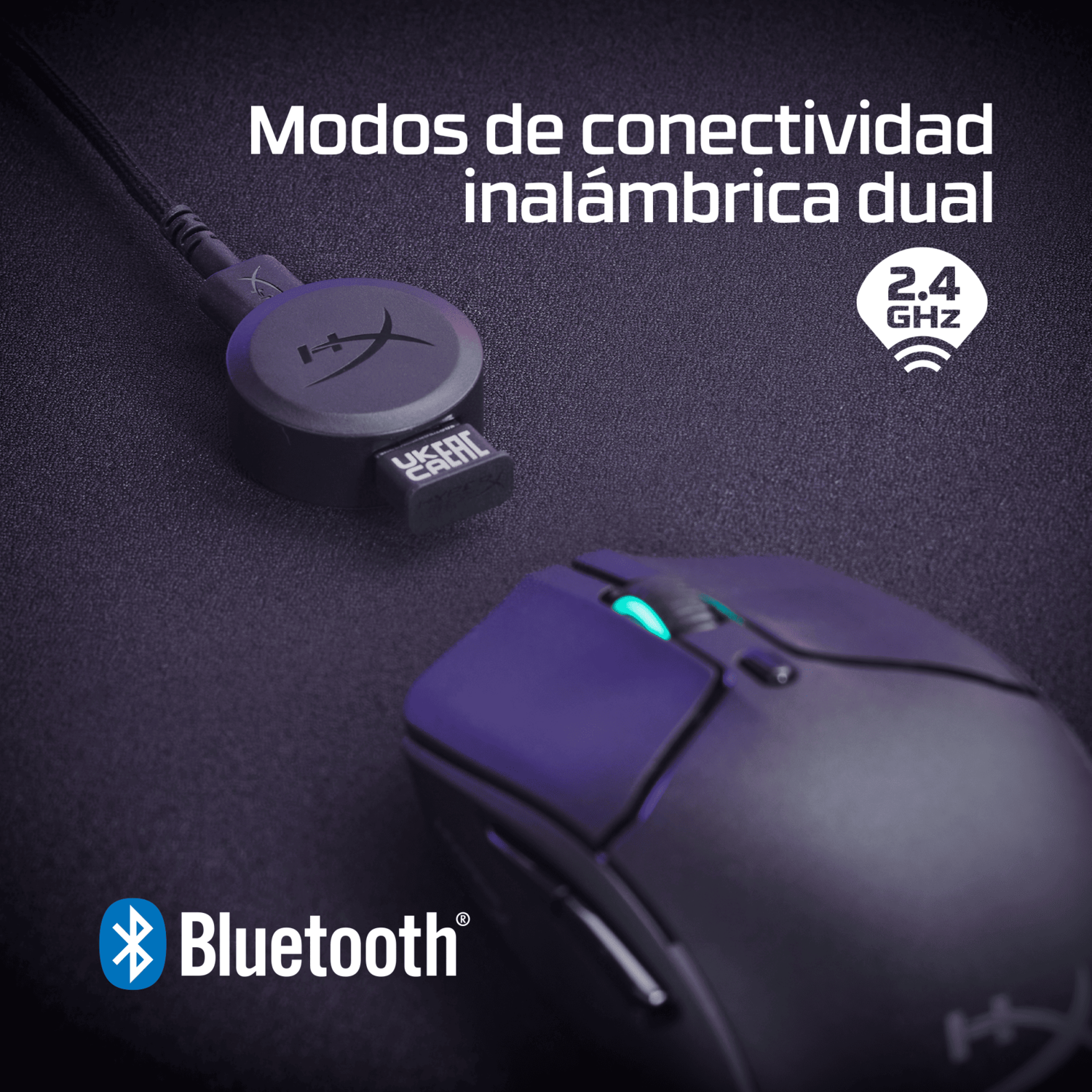Se muestra un ratón inalámbrico negro con un receptor USB. El texto Modos de conectividad inalámbrica dual es visible.