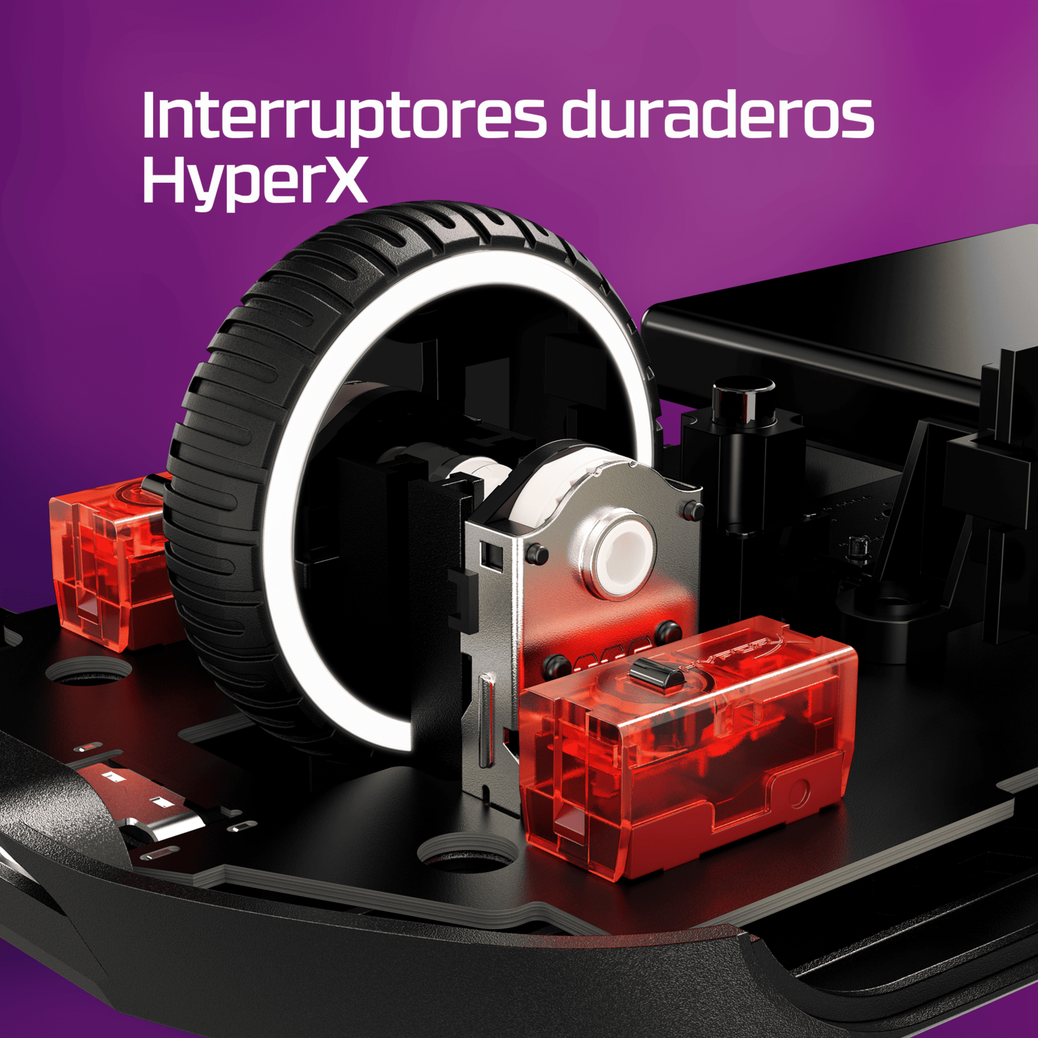 Primer plano de un ratón con enfoque en sus componentes internos. Se ven rueda, interruptores rojos y partes metálicas sobre fondo púrpura.
