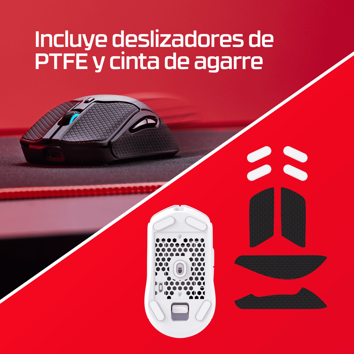 Ratón gaming negro con luz azul sobre fondo rojo. Incluye deslizadores PTFE y cinta de agarre, con fondo y cintas.